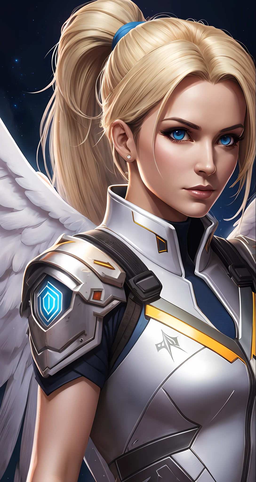 Hyperrealistic, Mercy Overwatch, Highly Detailed, Wearing Angel Wing Armor, Age 37, With Blue Eyes, Blonde Hair, Ponytail, Shadow Lighting, RGB Colors, by Vincent Di Fate --auto --s2