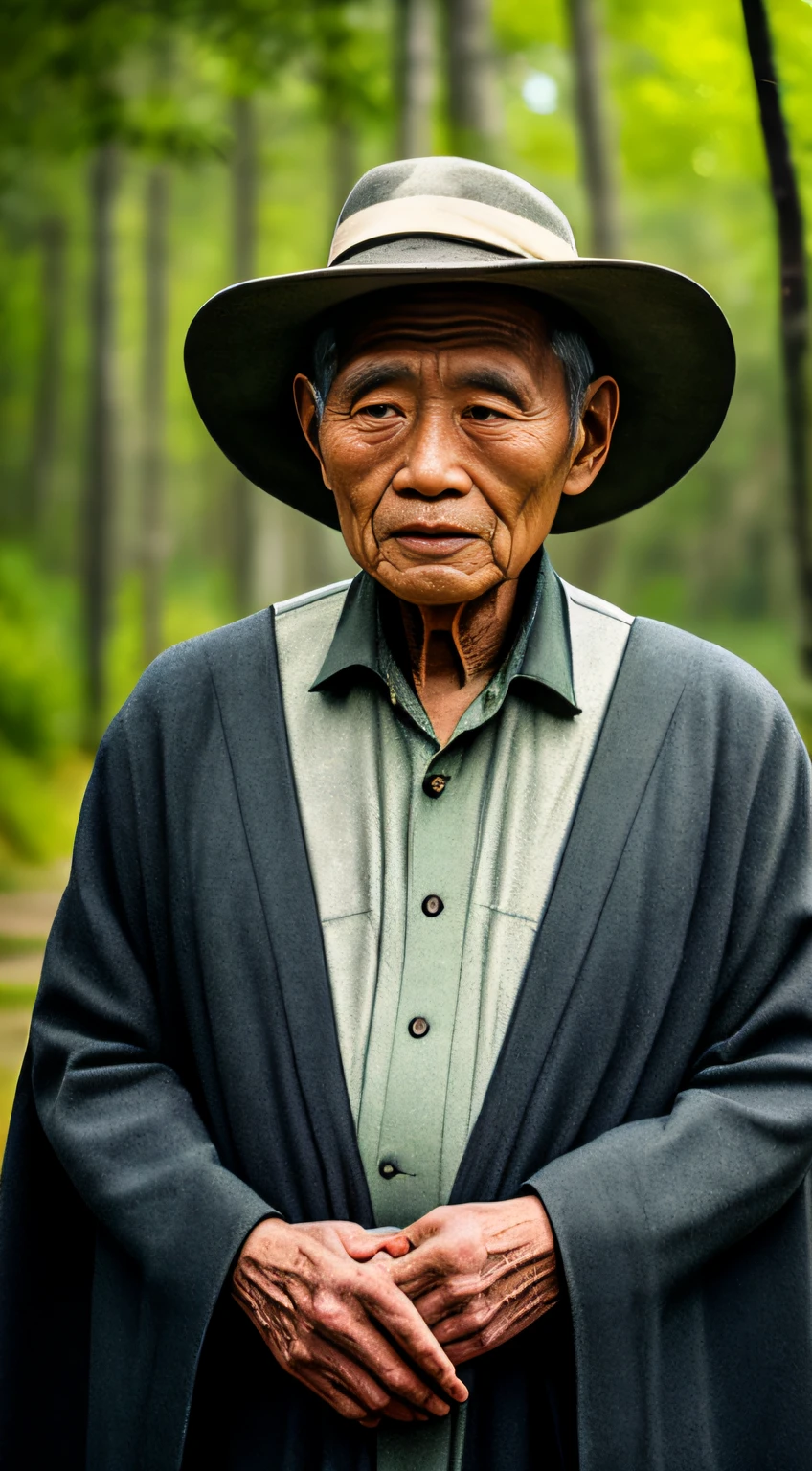 Portrait photography style,A masterpiece of the world,Ultra-unique, highly professional digital art,Film format,Hyper-realistic,Color motion picture film photography with ultra-fine detail and quality,The background is deep in the forest,An elderly man in rural China,Wise old man。He wears an old cape,The eyes are kind and shrewd。He stood upright,His skin had been blackened and powerful by the sun and rain,Wrinkles are fixed on the corners of the mouth and forehead,It seems that his years have precipitated。Wearing a dark gown, although the appearance is simple,But it exudes sublime wisdom and a sense of tenacity of strength。