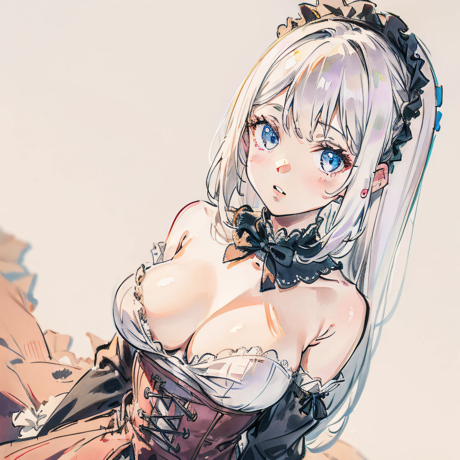 Elevation perspective，A girl with white hair with poor breasts wearing lolita