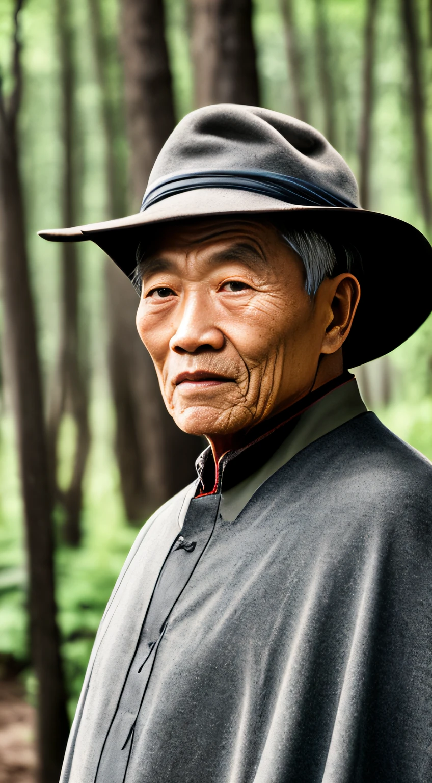 Portrait photography style,A masterpiece of the world,Ultra-unique, highly professional digital art,Film format,Hyper-realistic,Color motion picture film photography with ultra-fine detail and quality,The background is deep in the forest,An elderly man in rural China,Wise old man。He wears an old cape,The eyes are kind and shrewd。He stood upright,His skin had been blackened and powerful by the sun and rain,Wrinkles are fixed on the corners of the mouth and forehead,It seems that his years have precipitated。Wearing a dark gown, although the appearance is simple,But it exudes sublime wisdom and a sense of tenacity of strength。
