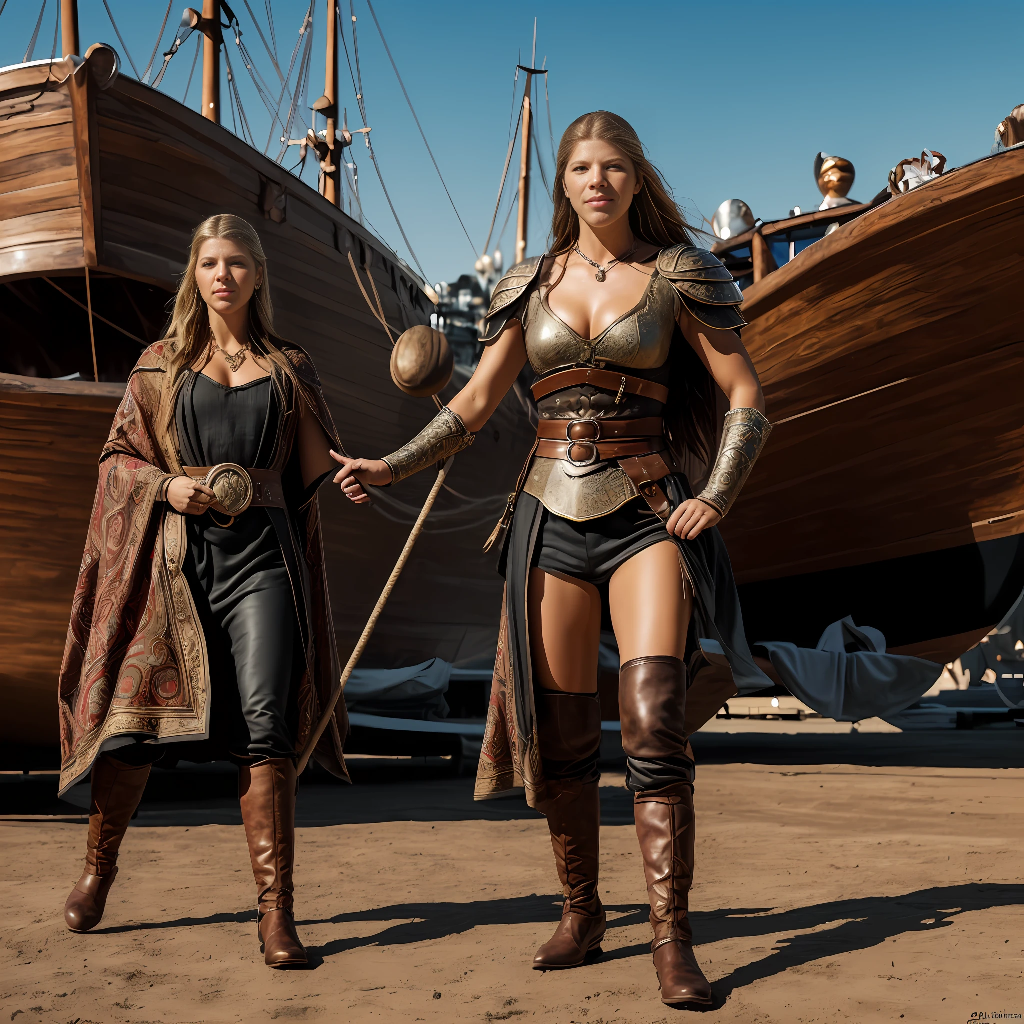 ((qualidade excepcional)), ((obra-prima)), ((true to reality)), guerreira viking, Medieval times, (Katheryn Winnick: 1.0), Vestindo armadura de couro, roupas detalhadas, decote, textura de pele realista, Standing in front of a medieval Viking dracar ship on the docks, ((corpo inteiro)), (((Ultra-detailed hands and feet))), sorrindo, tatuagens, enfeite, brincos, detalhes intricados, super realista, hiper detalhada, textura da pele, bronzeada, sardas, arrepios, pele brilhante, pele molhada,  foco nítido, volumeric lighting, bons destaques, bom sombreamento, espalhamento subsuperficial, intrincado, altamente detalhado, ((cinemactic)), Dramatic, (mais alta qualidade, Concedido, obra-prima:1.5), (fotorrealista:1.5), fotografia, Fotorealística, Nikon, Luz Natural, 4k, highes definition, RAW
