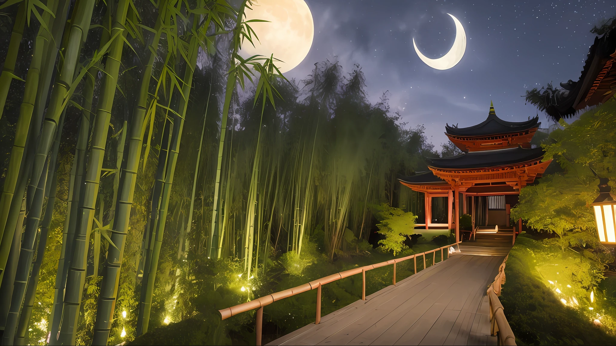 Bamboo forest, path, tree canopy, pagoda temple outside the canopy covered path, pagoda in center of horizon, moon on horizon behind pagoda, night sky