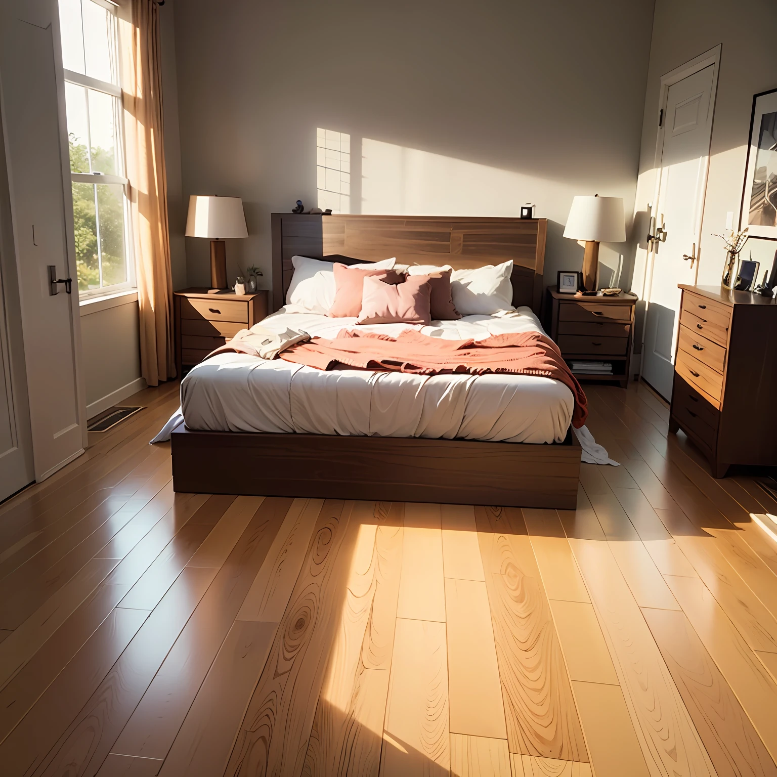 Now you work as a professional renovation designer,Requires a bedroom rendering,The floor is wood grain flooring,The walls are grainy,Come up with a rendering --auto