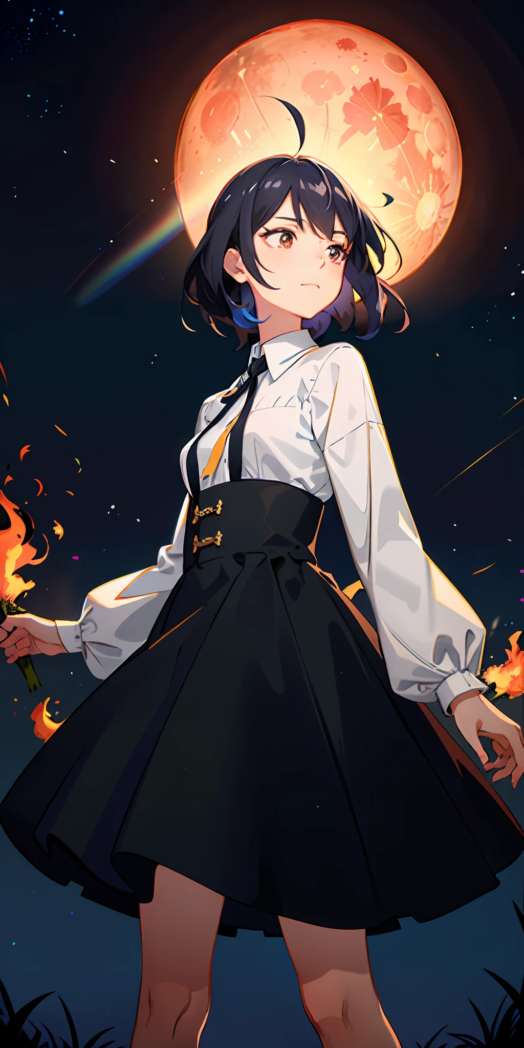 Shinkai sincerely, Surprised, one-girl, JK school uniform, The style of your name, Anime Sky, Anime girl looking up at the sky, Light brown hair, Double up braid, hair flower, clover hair ornament, constricted pupil, Wide eyes, Orange eyes, Blush, Shy, Ear blush, Thinking, Chiaroscuro, Cinematic lighting, full bloom, shadowing, Anime style, Anime, hyper HD, Best quality, High details, High quality