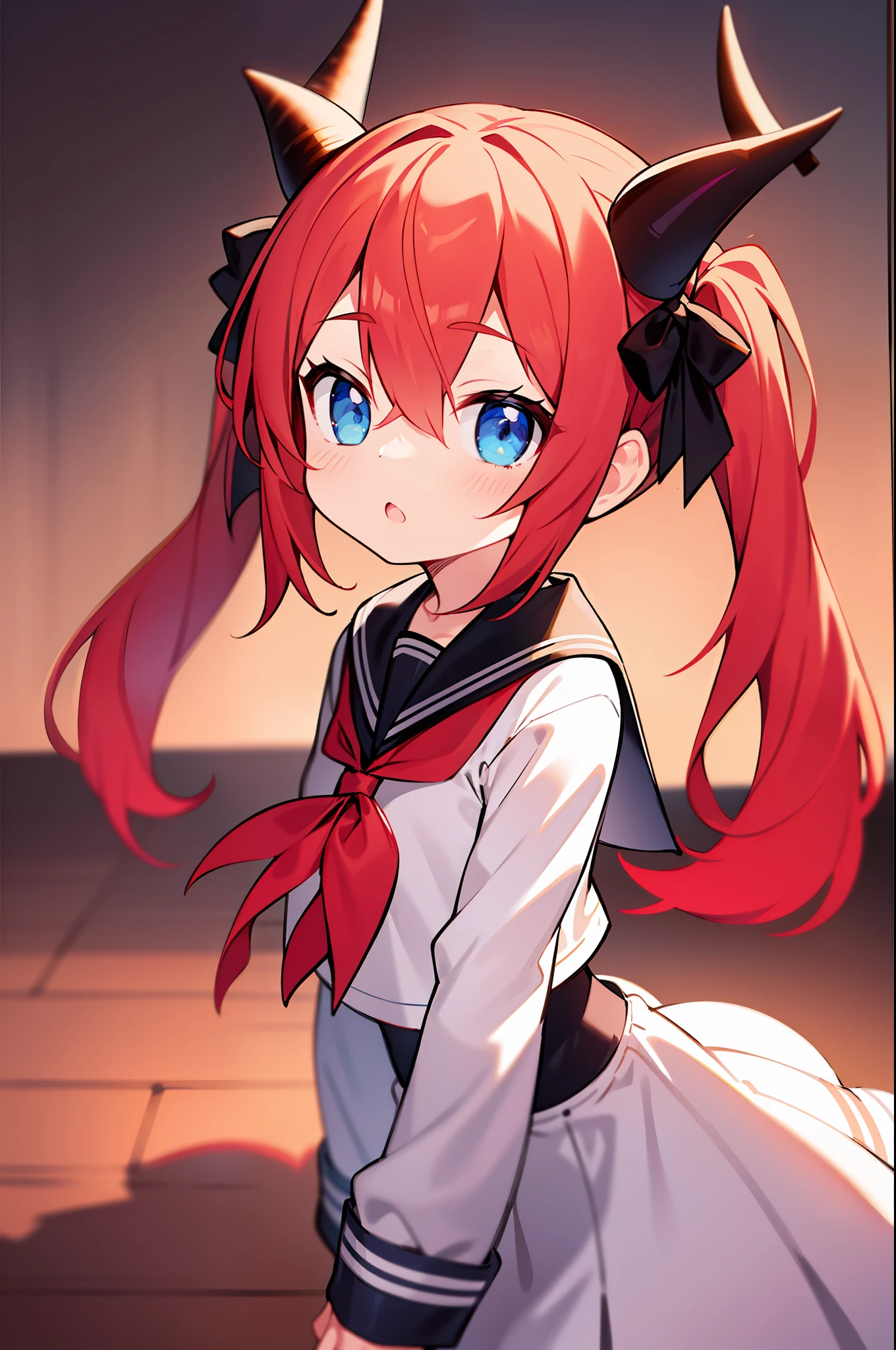 [(ultra-detailed),(best shadow),(cinematic lighting),dynamic angle,(finely detail)],red_hair,long hair,Fill flash,serafuku,blue eyes,twintails,loli,dragon horns,bow,little girl,hair between eyes,solo,cute