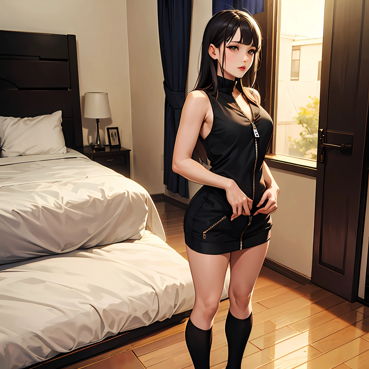 tmasterpiece, High- sharpness, high high quality, 详细的脸, detailed body render, 1girl, 独奏, hyuga hyuga, Hinata sleeveless clothing, sleeveless shirts, Fishing net clothing, Dark lips, Unzipped jacket, no brassiere, breasts out, standing on your feet, Be red in the face, (on bedroom)