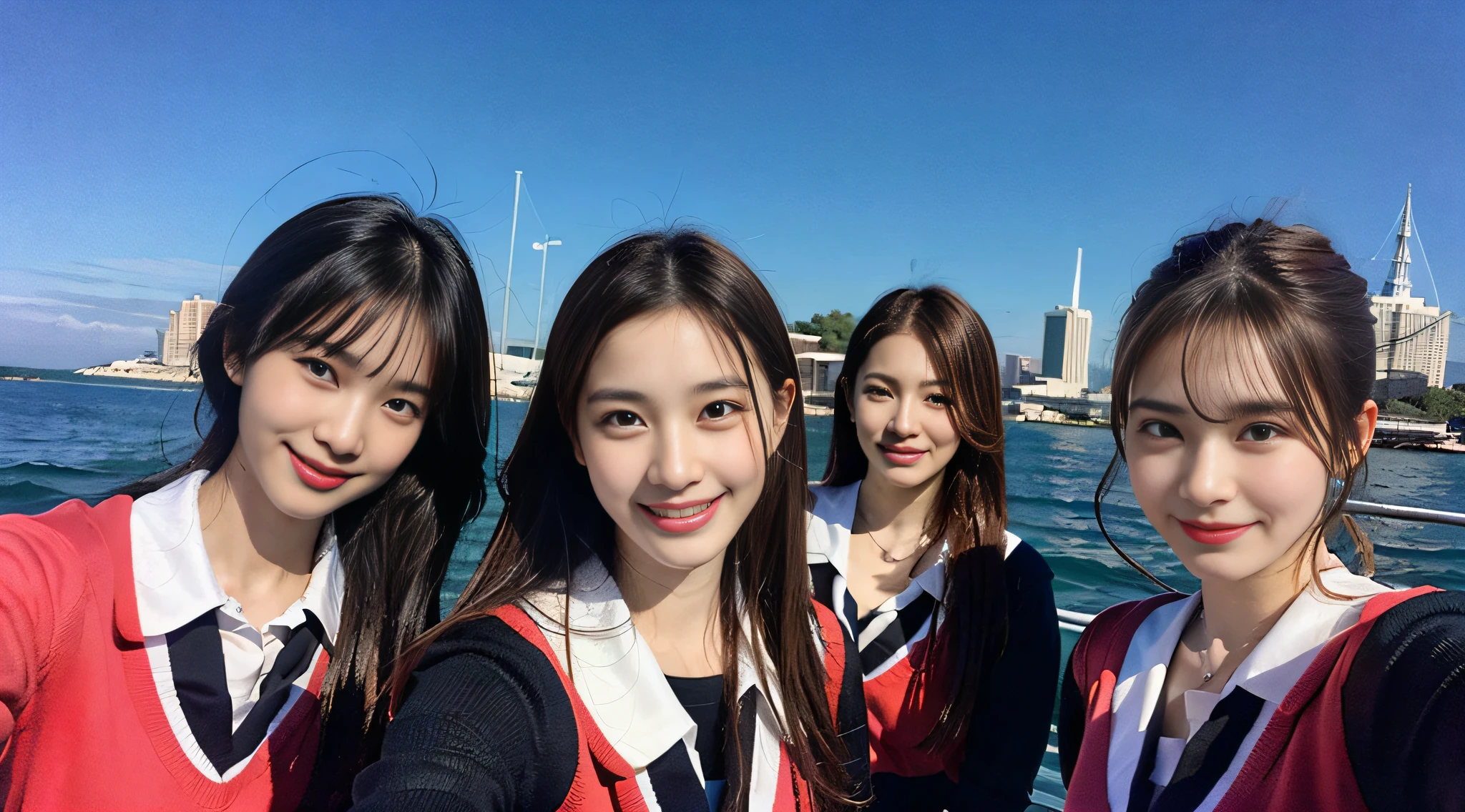 (8K、Raw photography、top-quality、masterpiece:1.2)、ultra-detailliert、ultra res、(realisitic、Real Photographics:1.47)、(I enjoy fishing out to sea by boat)Above the sea、High school girl with fishing rod、Fishing、fishing rod、Full of heart、Heart pattern(Fantastic lighting)head to waist、、de pele branca、Fair-skinned female proofreading、An ultra-high picture quality、、Beautiful female proofreading reflecting in light、amazing detailed、Beautiful girls in very detailed、Faces with different patterns、Different face patterns、Each hairstyle has its own characteristics、Farbe々Hairstyle、Farbe々Hair color shining with clean light、I enjoy fishing on a boat、Brown hair shining in the light、One has a ponytail、、Modern cute high school girl、very detailed faces very detailed eyes、Very realistic skin、 extremely detailed fingers, highly detailed nose, highly detail mouth, perfect anatomia, Highly detailed sailor suit、、The details of their hair and uniforms shine through、Burning teeth and smiling、Realistic body, de pele branca, glistning skin, Slim body, Long straight hair, (Blunt bangs:1.2), , nixeu and sakimichan, TWICE, Seifuku, sakimichan, JK Uniform, wearing japanese school uniform, promo still, Larisa Manobal, Japan school uniform, japanese girl school uniform, alena aenami and lilia alvarado