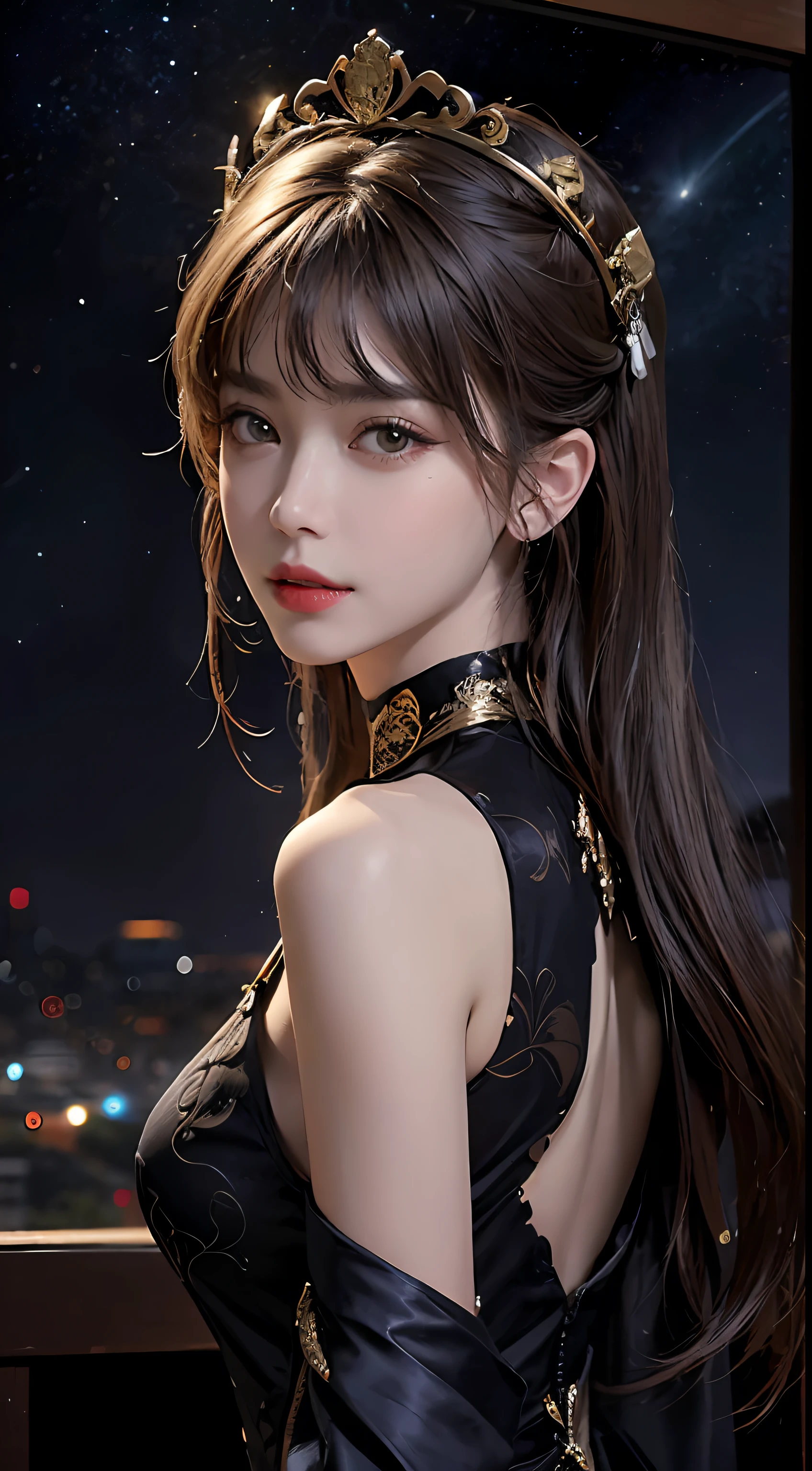 1 27-year-old girl， 1 zodiac goddess from the future， 12 Zodiac goddess pink-purple， 12 Zodiac goddess Audai thin ???? yellow deep slit ?????， 12 zodiac Ao Dai many details black lace deep slit ?????， Goddess mythology 12 zodiac signs from the future， chineseZodiac， Luxurious sparkling zodiac style， dark and mysterious version， zodiac crown， Red lipstick， thin and pretty lips，don't smile，Keep one's mouth shut，Characters created by Carol Barker and Pino Dianey，Complicated details，detailed back ground，extremely detailed ??????，Light magic，A woman of one，full bodyesbian，s the perfect face，Clear face，Look at the face of the goddess of the zodiac，Blooms' ?????， Big and round ???????，Long hair with flat bangs，beautiful detailed face and well-proportioned eyes， （Yellow eyes：1.8），Big round eyes and very beautiful and detailed makeup，Visionary，Wearing a long silk shirt，Mysterious makeup，Flat bangs and dyed light gold，The upper body is the zodiac sign of the goddess，Physically，Arms hanging down， Realistic and vivid images， （The stars that make up the zodiac：1.7）， （Constellations in sky background and broken doors of space-time，textured：1.8），fiction art，RAW photos，hanfu photos，best photos，Highest high resolution，best qualtiy，Best photo quality，8K quality，8K extreme，Ultra photo realsisim，The most realistic photo，12 zodiac goddess portrait art，12 symbols behind the 12 constellations，Single goddess portrait 1 constellation， Most realistic color scheme， best photo color， tmasterpiece， Hair decoration， choker necklace， jewely， Nice face， The upper part of the body， Tyndall effect， photograph realistic， dark studio， Border light， Bright in two shades， （highdetailskin： 1.2）， 8K  UHD， digital SLR camera， softlighting， high high quality， volumettic light， realisticlying， snapshot， A high resolution， 4K quality， 8k， bokeh， Smooth and sharp， 10x pixel increments， Female ???? zodiac goddess， ???? zodiac goddess，