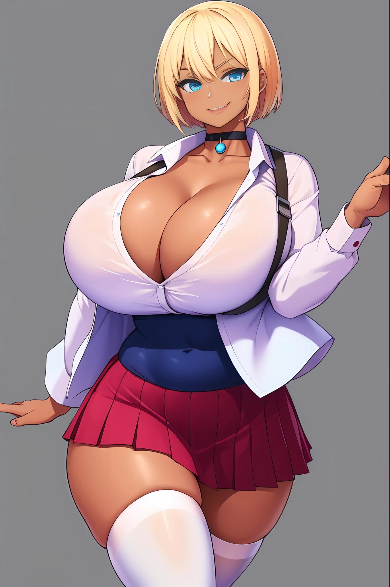 1girl, gigantic breasts,dark skin,short hair,white shirt,cleavage,blonde hair,smirk,choker,pleated skirt,simple background,thighhighs