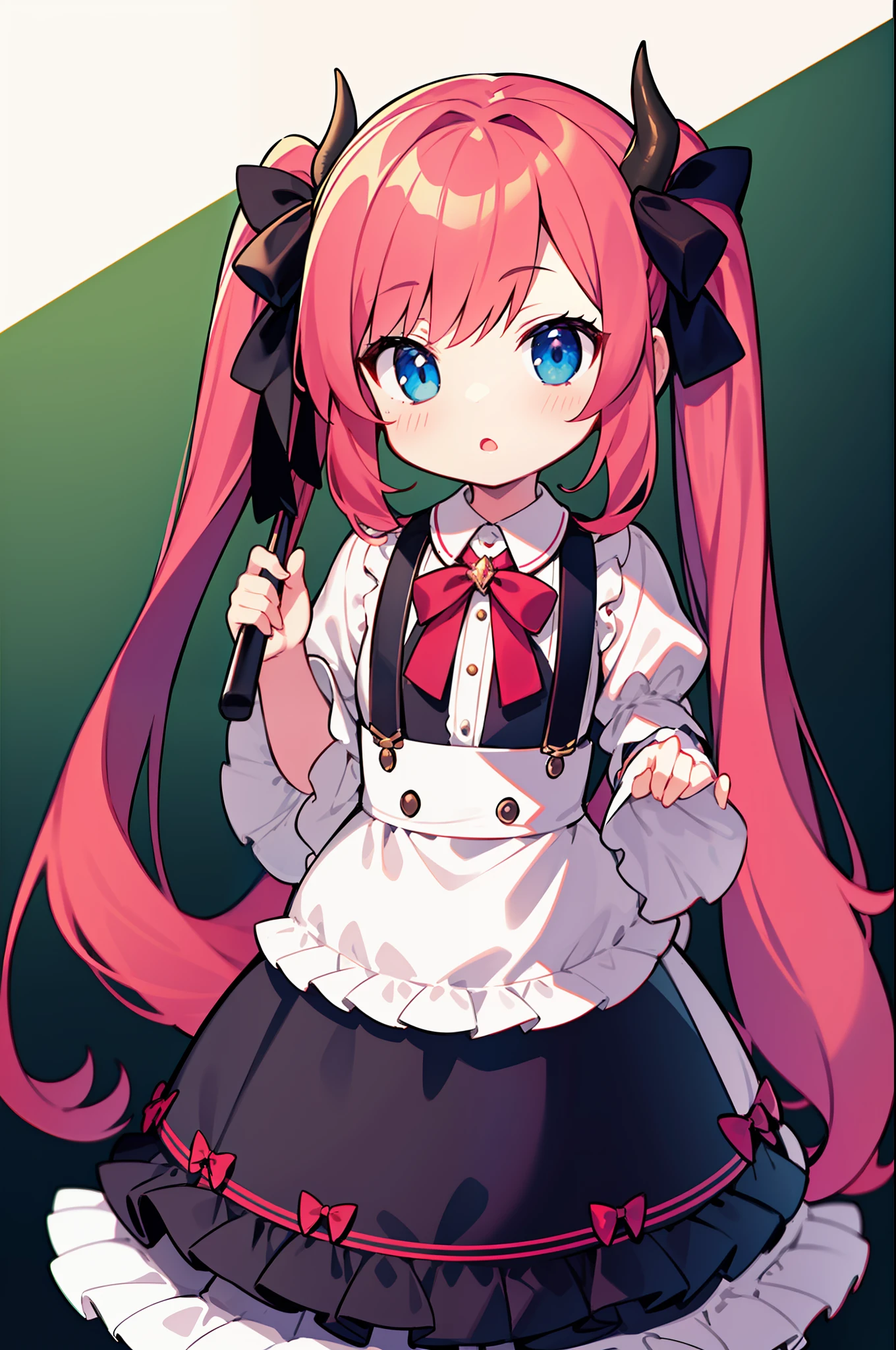 {{best quality}}, {{masterpiece}}, {{ultra-detailed}}, {illustration}, {detailed light}, red hair,blue eyes,twintails,lolita,Suspenders skirt,Fantastic,loli,solo,Dragon horns,little girl,long hair