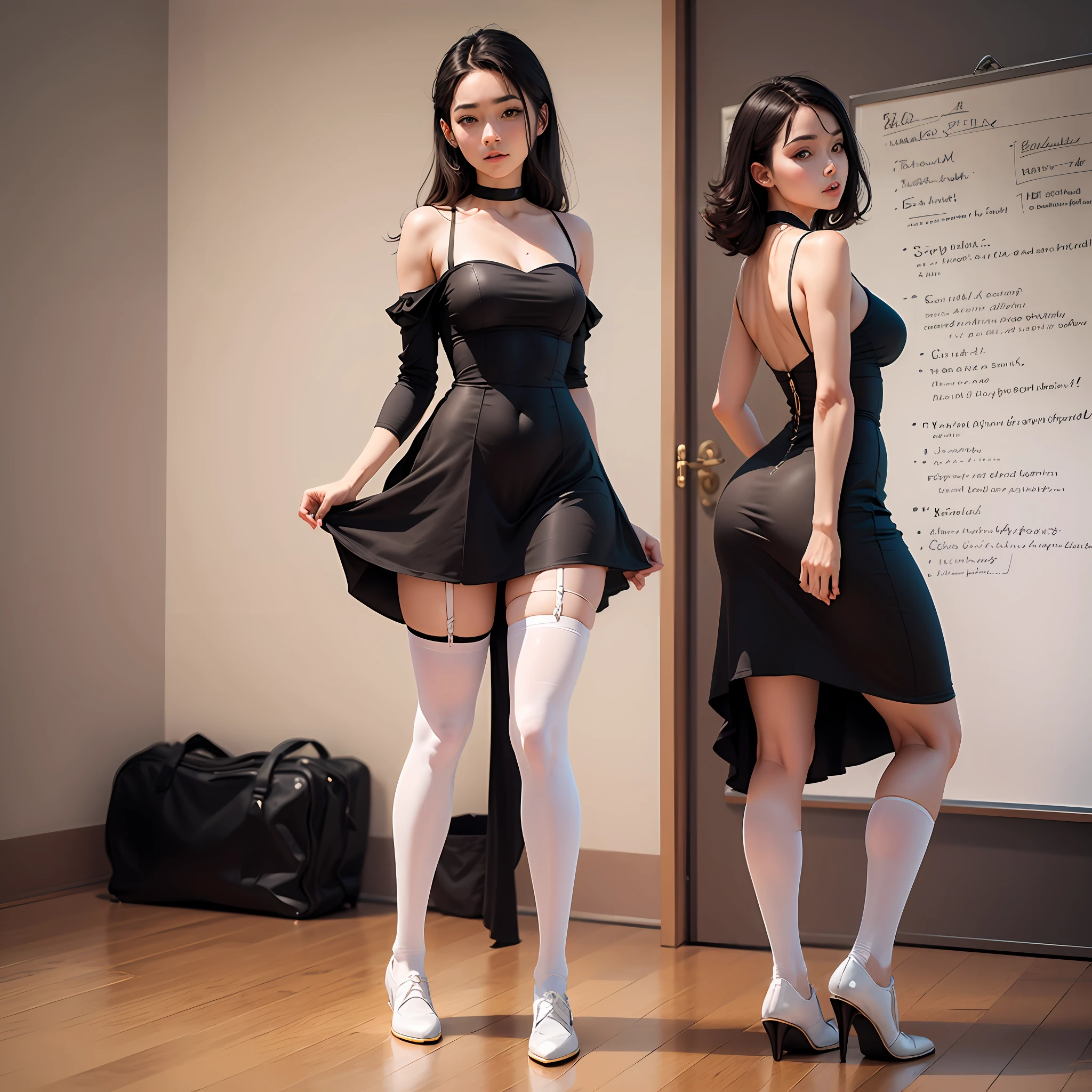 Black dress white stockings white board shoes 8k best quality masterpiece --auto