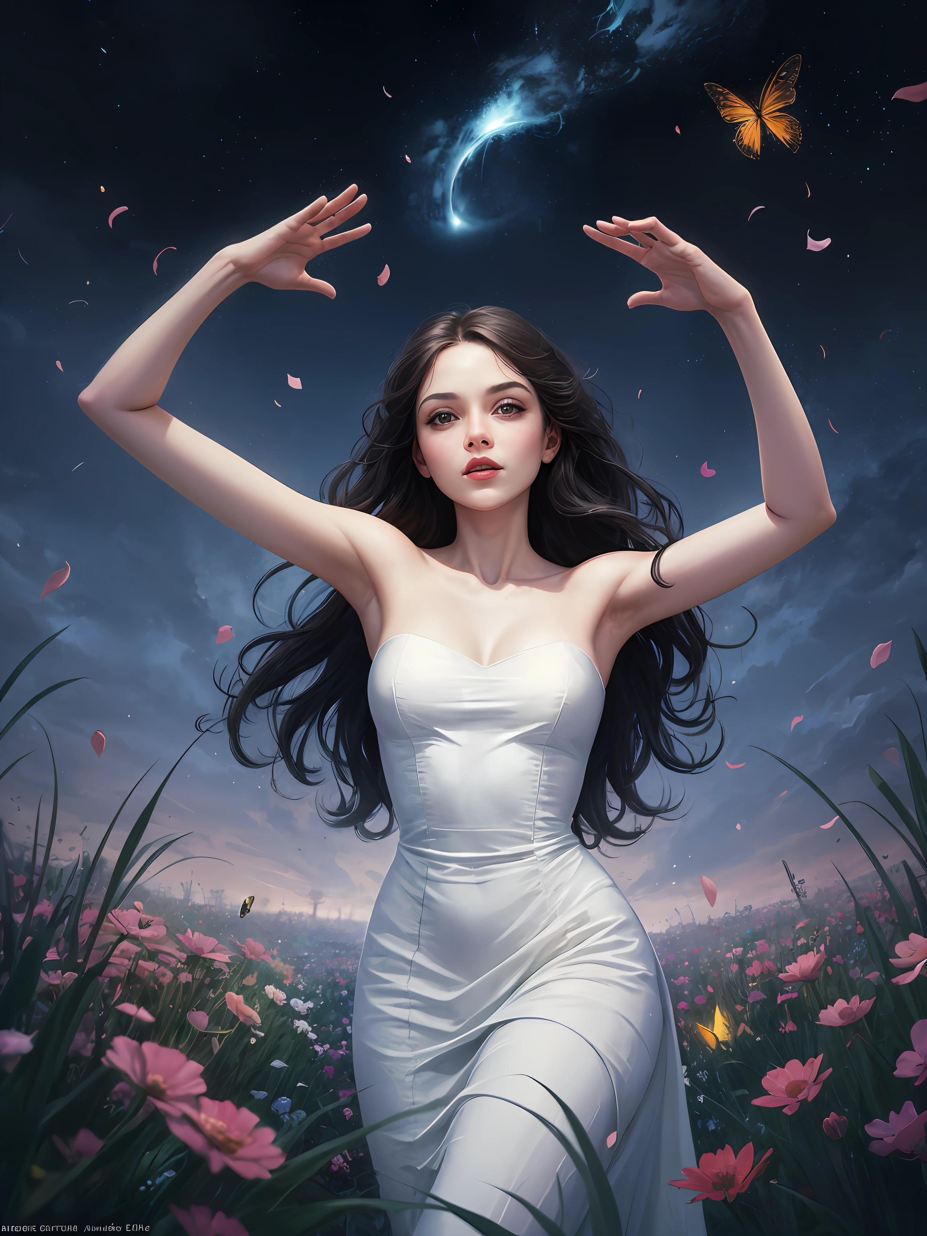 1girl, solo, full body, (masterpiece:1.21), (best quality:1.2), colorful, (illustration:1.2), (cinematic lighting:1.1), (bare shoulders:1.21), (collarbone:1.21) in this whimsical A beautiful and dreamlike garden, the scene is illuminated by a rainbow (colorful fireflies) dancing in the air. Pastel (drizzle) adorns the garden, creating a hazy and ethereal atmosphere. In the center of the picture, stands a single girl, an extremely beautiful girl, with lovely facial features and an innocent expression. Her long hair fluttered in the wind. She wore a low-cut strapless dress that accentuated her curves. The lighting is very delicate and beautiful, creating a soft warm glow that accentuates the water and makes it sparkle like a diamond. The finest grasses are also illuminated to create a lush carpet. The garden is surrounded by colorful flower fields with flowers of all colors and shapes. Various colors and sizes (coloured butterflies) can be seen flying around the scene, adding to the overall sense of wonder and magic. (Everyone, judges), a blush can be seen on the bridge of the nose, and the mouth is slightly opened, which adds to the overall sense of innocence and youth. Falling petals can be seen waving around her, adding to the overall sense of romance and beauty. The breeze is blowing, the leaves are rustling, and the flowers are swaying, adding to the overall dynamism and vitality. It is a scene of pure wonder and magic, full of color and beauty, where the viewer can lose themselves in this enchanting and captivating world.