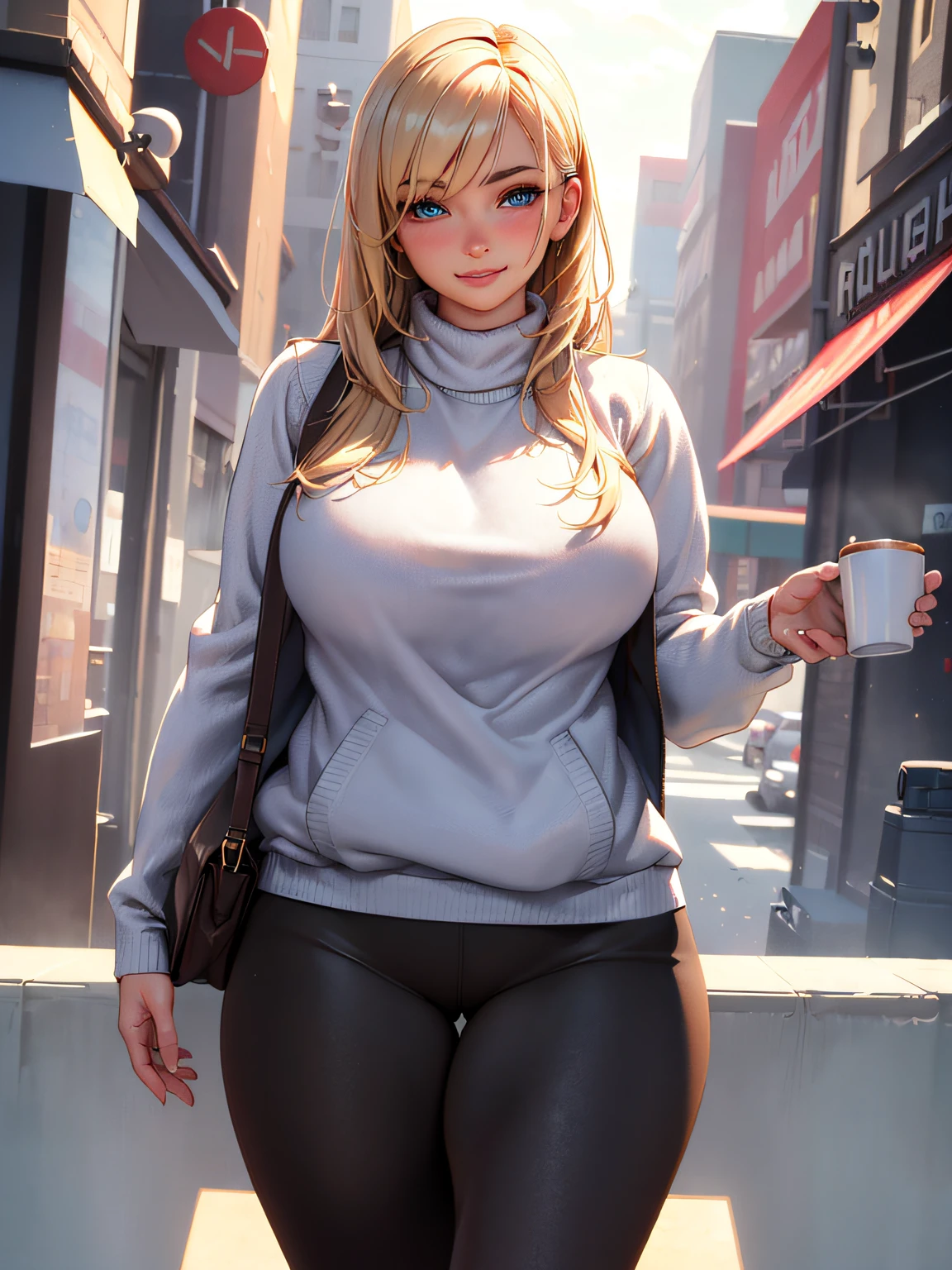 (masterpiece, best quality:1.4), (modern days), (cowboy shot), 1girl, solo, pov, sfw, stunning girlfriend, (standing:1.1), dynamic pose, (white oversized sweater, knit sweater:1.4), (Tight Yoga Pants,dark grey yoga pants:1.4),(Navy blue short jacket,jean jacket:1.4),Long black hair,By bangs,heart - shaped face,Elegant face,beauitful face,High detail face,Highly detailed skin,skin pore,sub surface scattering,(Black eye details),realistic pupil,crisp breasts,A loving smile,looking at viewert,full blush,'s plump lips,Holding a condom,at centre,coffee shop in background,the city street,Sunnyday, ventania, detailed back ground, depth of fields, atmosphric perspective, Volumetriclighting, Clear focus, absurd res, Realistic proportions, Good anatomy, (realisticlying, Hyper-realistic:1.4), 16k hdr,