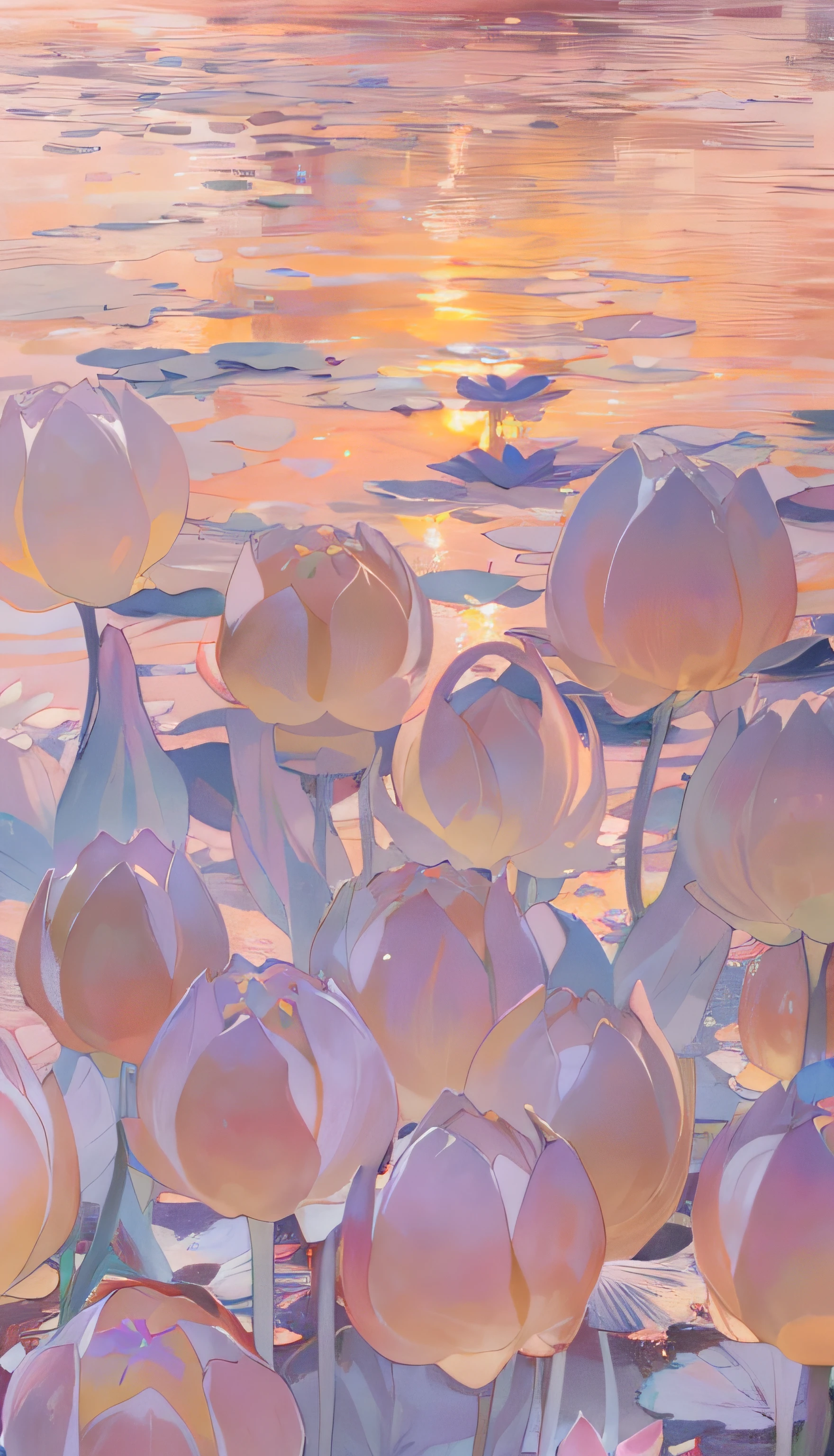 There are a lot of white flowers on the beach, surreal waiizi flowers, Soft glow, pastel overflow, Glowing flowers, lotus flowers on the water, lotuses, author:Igor Grappa, light pink tonalities, Luminous flowers, soft white glow, soft reflection, soft luminescent glow, Pink reflections, mandelbulb flowers and trees