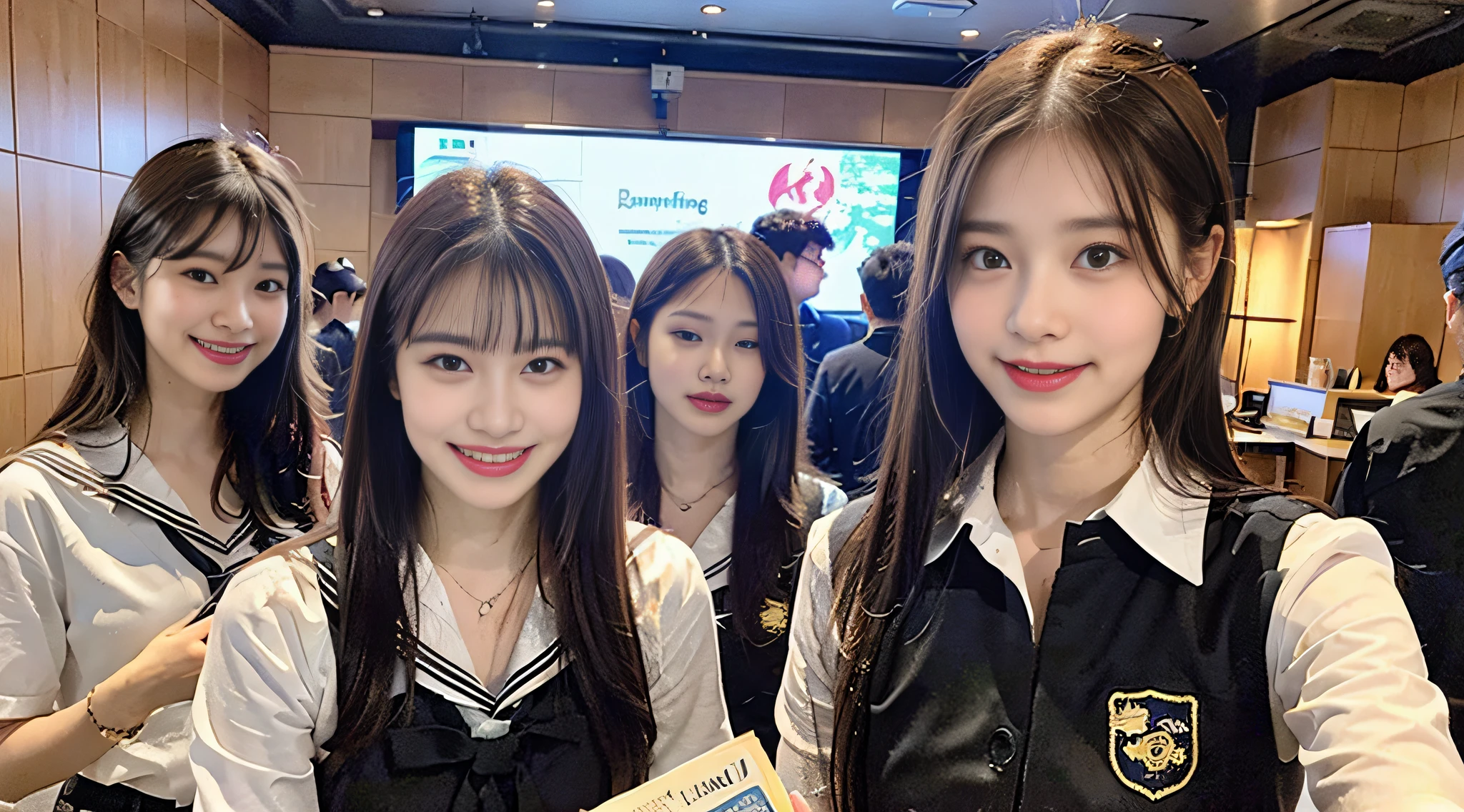 (8K、Raw photography、top-quality、masterpiece:1.2)、ultra-detailliert、ultra res、(realisitic、Real Photographics:1.47)、(Reading at an Internet café)An Internet café full of heart、Heart pattern(Fantastic lighting)Schoolgirl with a book、Holding a book in both hands、read a book、head to waist、de pele branca、Fair-skinned female proofreading、An ultra-high picture quality、、Beautiful female proofreading reflecting in light、amazing detailed、Beautiful girls in very detailed、Faces with different patterns、Different face patterns、Each hairstyle has its own characteristics、Farbe々Hairstyle、Farbe々Hair color shining with clean light、I enjoy fishing on a boat、Brown hair shining in the light、One has a ponytail、、Modern cute high school girl、very detailed faces very detailed eyes、Very realistic skin、 extremely detailed fingers, highly detailed nose, highly detail mouth, perfect anatomia, Highly detailed sailor suit、、The details of their hair and uniforms shine through、Burning teeth and smiling、Realistic body, de pele branca, glistning skin, Slim body, Long straight hair, (Blunt bangs:1.2), , nixeu and sakimichan, TWICE, Seifuku, sakimichan, JK Uniform, wearing japanese school uniform, promo still, Larisa Manobal, Japan school uniform, japanese girl school uniform, alena aenami and lilia alvarado