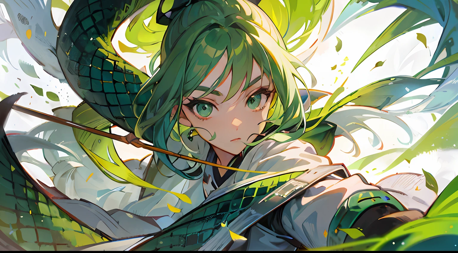 Anime girl with green hair and green eyes holding a bow, demon slayer rui fanart, demon slayer artstyle, Detailed digital anime art, 4k manga wallpapers, clean and meticulous anime art, Anime art wallpaper 4k, Anime art wallpaper 4 K, style of anime4 K, Digital anime illustration, Anime art wallpaper 8 K, Anime fantasy illustration, detailed anime character art