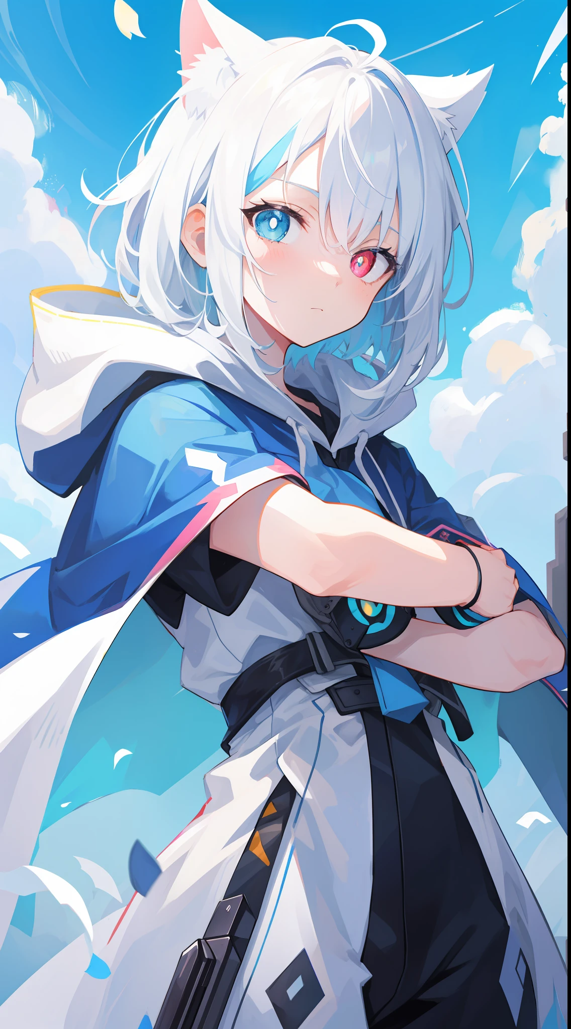 Anime characters with white hair and blue eyes, Anime visuals of cute boys, Anime moe art style,Short white hair boy, Girl gray hair young anime, official character art,White hooded cape,White robe,Gray hair sky blue gradient,Heterochromic pupils,tilts your head,face expressionless,underage,apathy,Teenage uncensored,With a pistol in hand