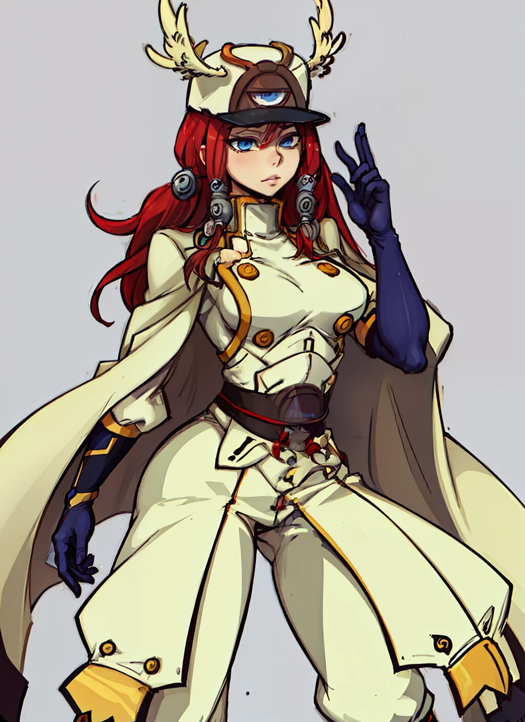 (((masterpiece, best quality, high resolution))),soft lighting, 1girl, tsubakims, hair tubes, hat, gloves, uniform, cape, military uniform, head wings, blazblue, Tsubaki yayoi, sexy pose