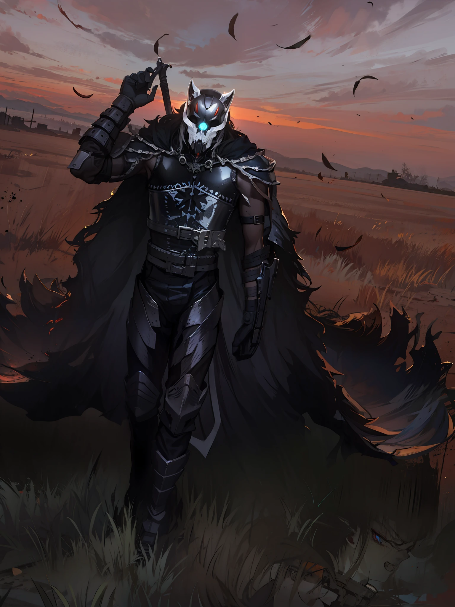 Lobo de metal, espada nas costas,4k, olhos vermelhos, armadura negra