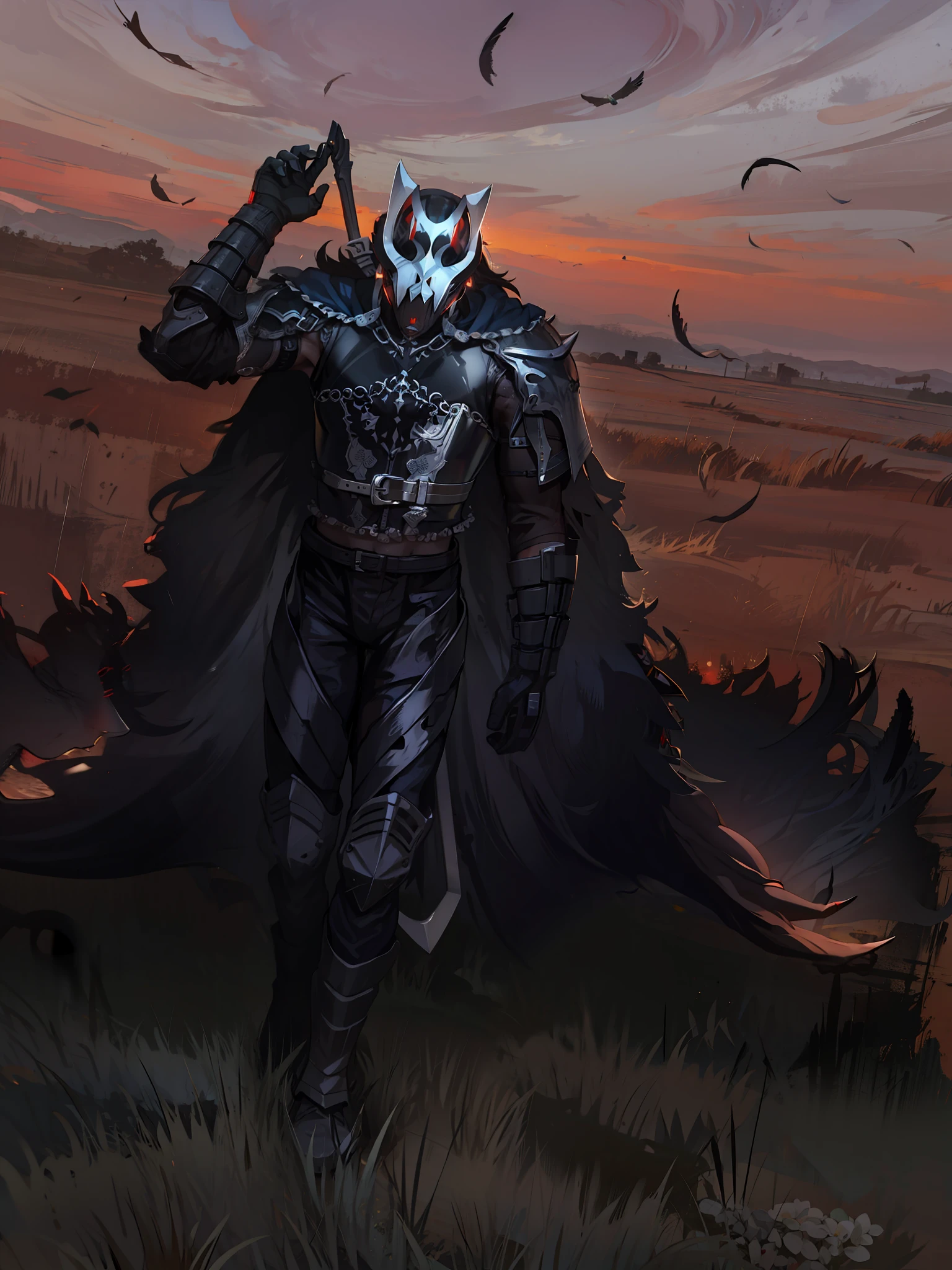 Lobo de metal, espada nas costas,4k, olhos vermelhos, armadura negra