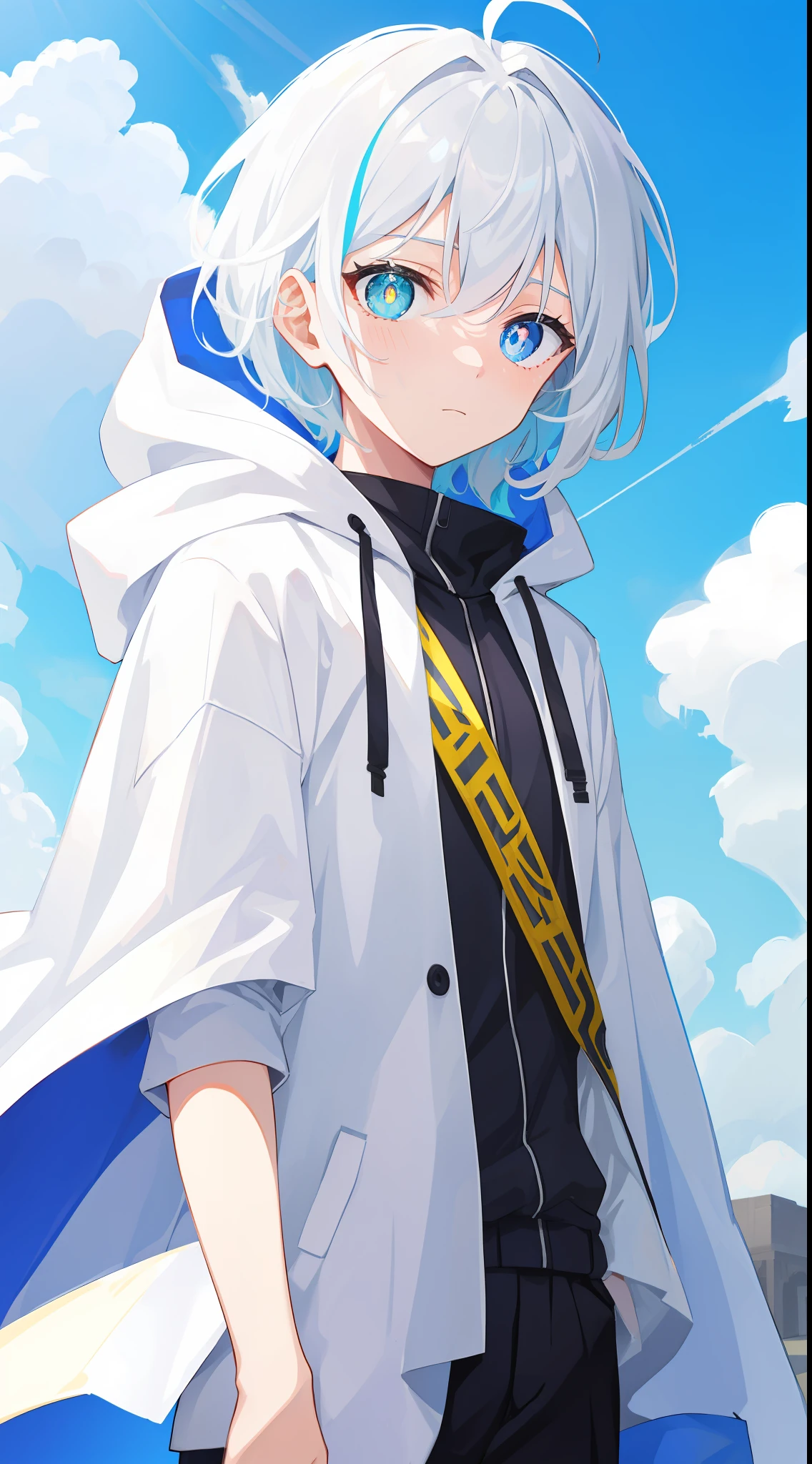 Anime characters with white hair and blue eyes, Anime visuals of cute boys, Anime moe art style,Short white hair boy, Girl gray hair young anime, official character art,White hooded cape，White robe，Gray hair sky blue gradient，Heterochromic pupils，tilts your head，face expressionless,underage，apathy，Teenage uncensored，With a pistol in hand