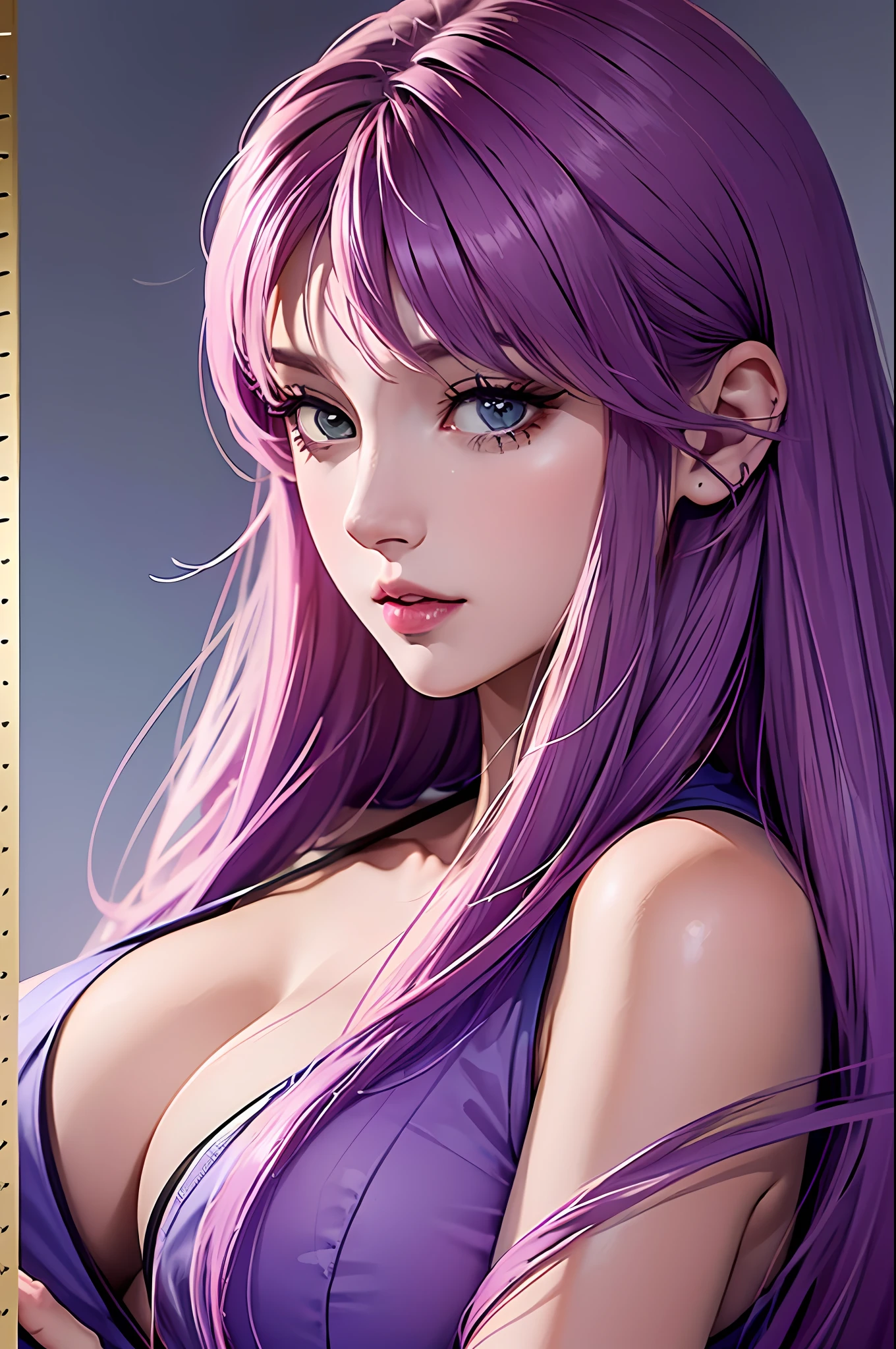 ((Absurdo, obra-prima, melhor qualidade, best resolution)) Saori Kido (21 anos) in realistic style, com seus longos cabelos roxos caindo em ondas suaves ao redor de seu rosto delicado. Perfect huge breasts are visible under the fabric, and her skin is smooth and clear, giving you an air of influence and tolerance, corpo inteiro