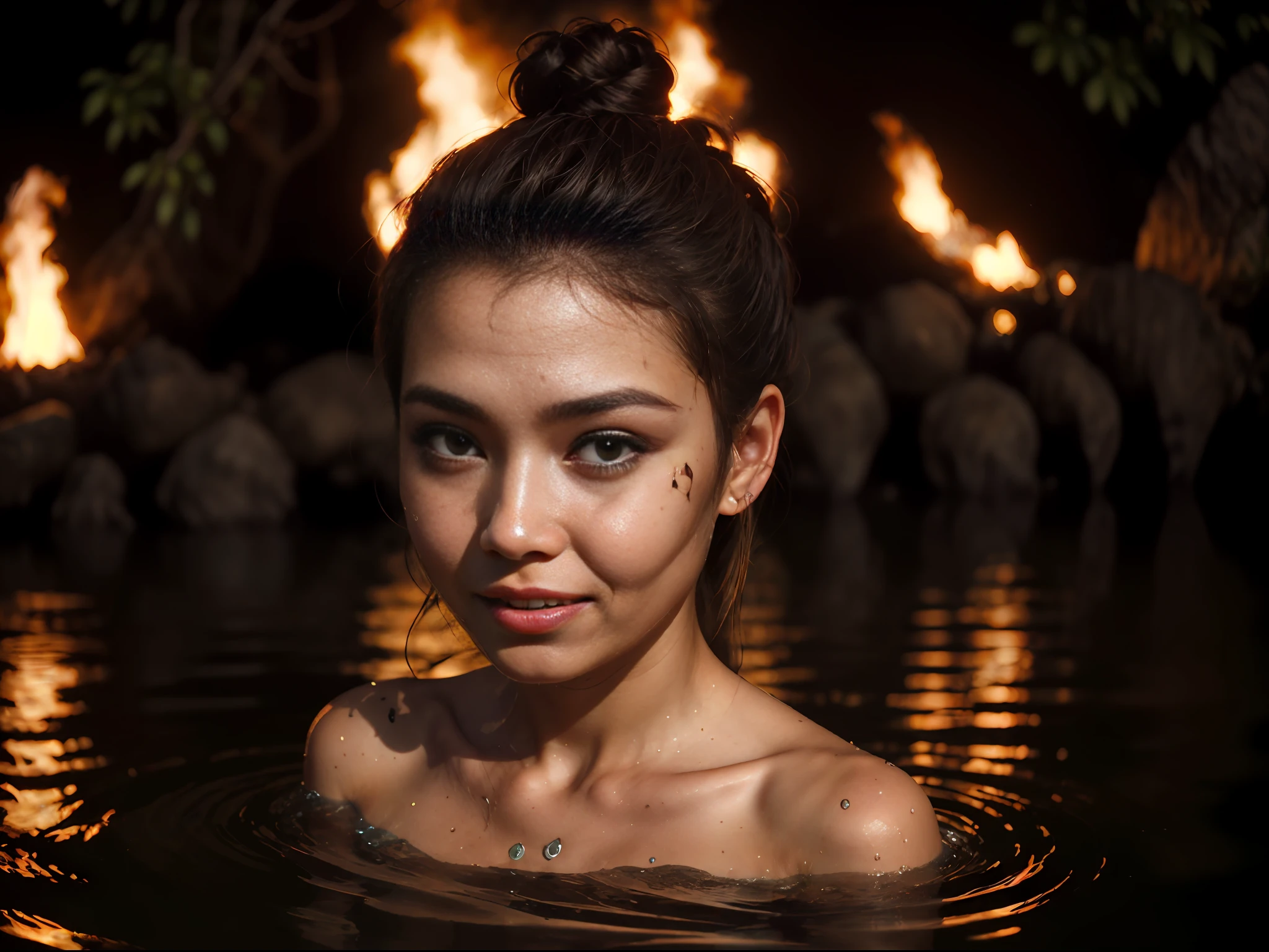 (night) with a lot of reflection of fire on the surface of the waters, epiCRealism, rain of fire, very stunning indonesian balinese girl, sunburnt ebony skin, long light straight hair, wavy at the height of the back, gray eyes, fluffy turned, ((big cheeks)), (close-up upper body:1.3), over shoulder, plump lips, detailed (wrinkles, blemishes!, folds!, moles, viens, pores!!, skin imperfections:1.4), detailed eyes, detailed face, detailed upper body, Better eyes, Better face, Better skin, bathing in the natural, wet hair, naked in a deep lake of flames and transparent lava, only with the head and neck out of the lava, gueixa eyes, 18 years old, tangled hair, messy hair, ebony lips, 8k uhd, forest in flames, river of flames, contrast, clear sky, style, (warm hue, warm tone), analog style (look at viewer:1.2) (skin texture), close up, cinematic light, sidelighting, Fujiflim XT3, DSLR, 50mm, topless woman, puffies, dark mysterious forest in flames, thick fog, menacing eyes, long hair, blunt bangs, hair bun, twintails, double bun, sidelocks, clothed bathing, girl floating above the water, MagmaTech forest in flames in background, lava around water, concept art