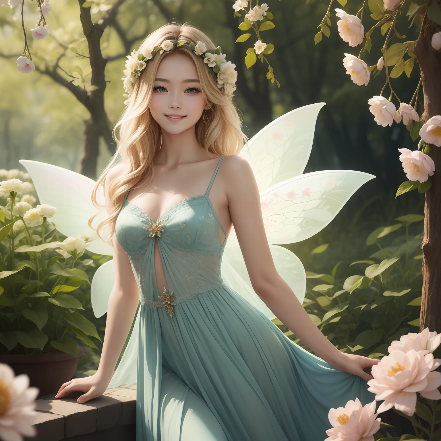 (masterpiece)8K分辨率、top-quality、Flower fairy enjoying the scent of flowers、blondehair、green colored eyes、Hazel eyes、Delicate full-body image、fantasy-inspired、Gentle smile、No chemomimi