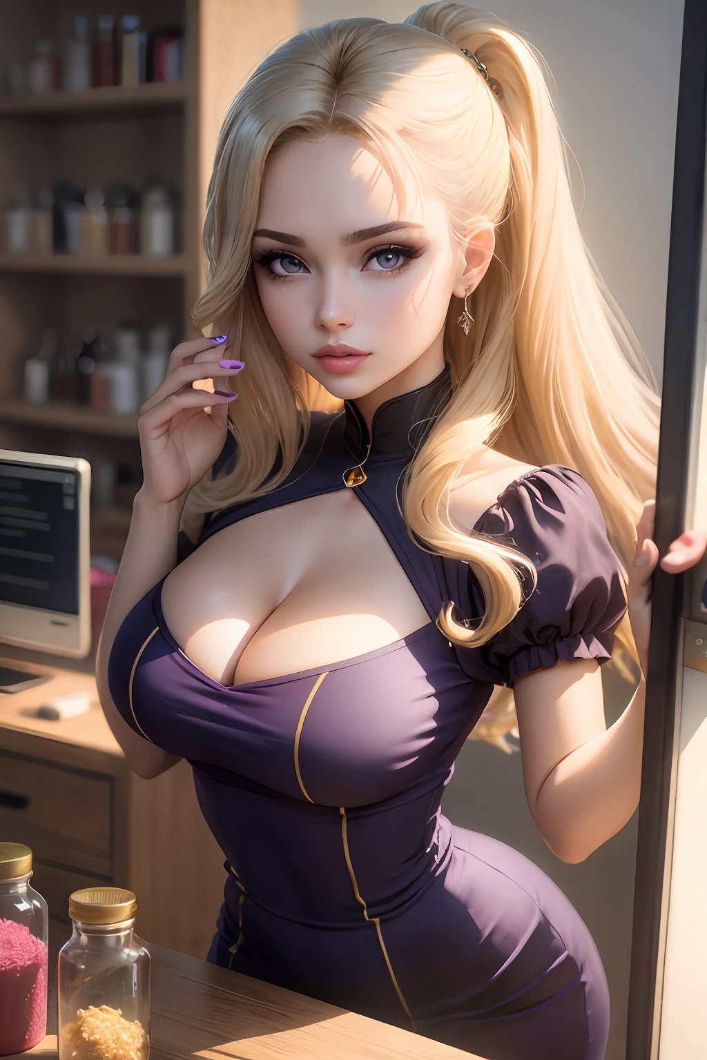 mulher estilo barbie girl,altamente detalhado, alta qualidade, master part, Beautiful, Computador pessoal_chan, Breats grandes, Purple eyes, (pele escura:0.9), cabelos brancos, cabelos longos, vestido branco, clivagem, Head in Jar, .jar, head only,