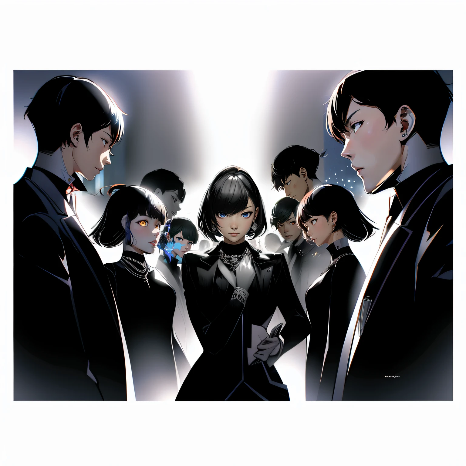 A set of anime characters in different poses，There was a light shining behind them, evangelionic illustration, Persona, Official illustration, persona art style, official fanart, by Shinoda Toko, author：Yoshihiko Wada, offcial art, author：Jason Teraoka, persona 5 art style wlop, persona 5 art style, author：Tadashi Nakayama, author：Naondo Nakamura