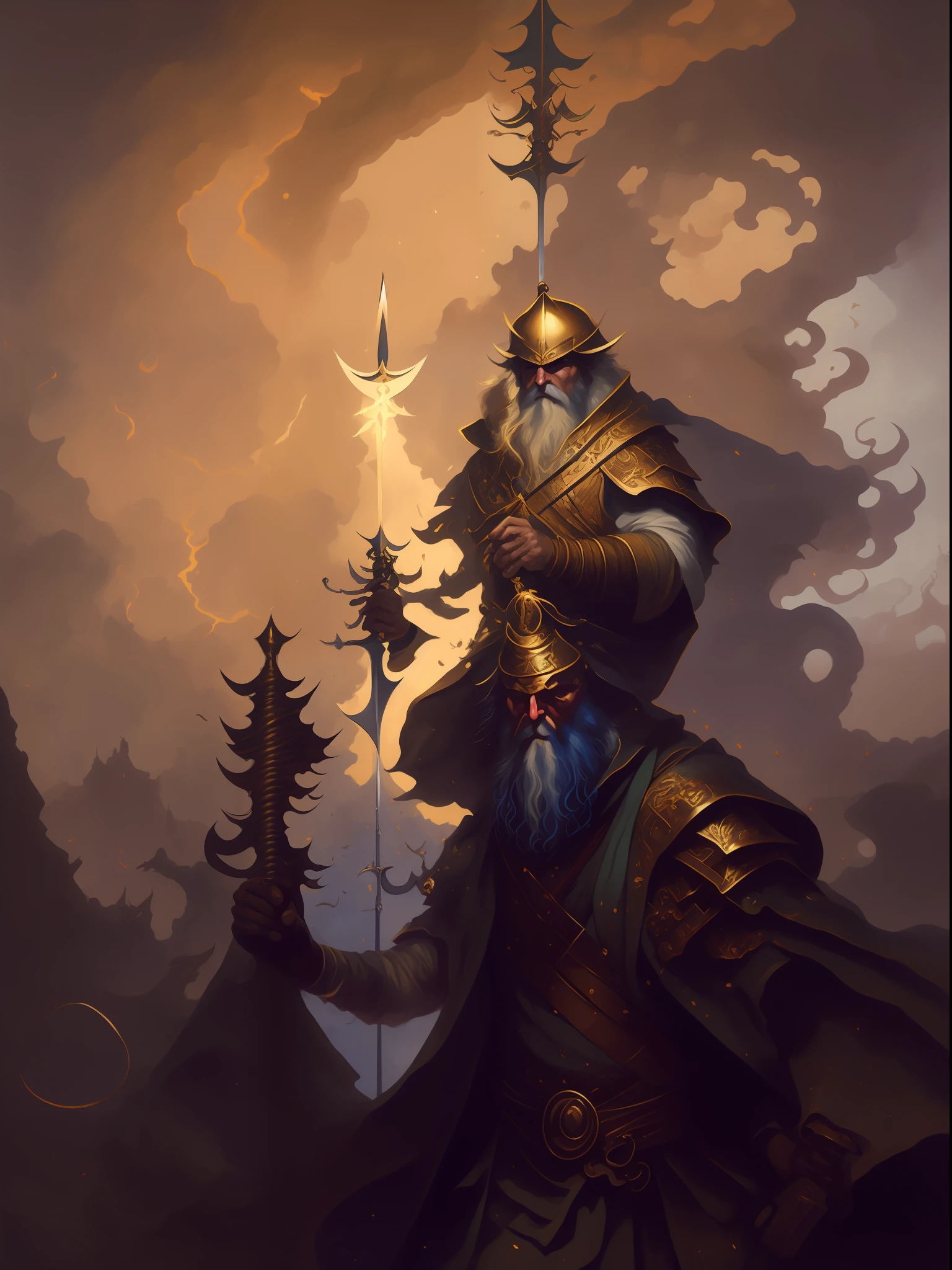 There is a painting，A man holds a sword in his hand, mohrbacher, style of peter mohrbacher, In the artistic style of Morebach, peter mohrbacher donato giancola, peter mohrbacher art style, pete mohrbacher, graphic artist peter mohrbacher, in style of peter mohrbacher