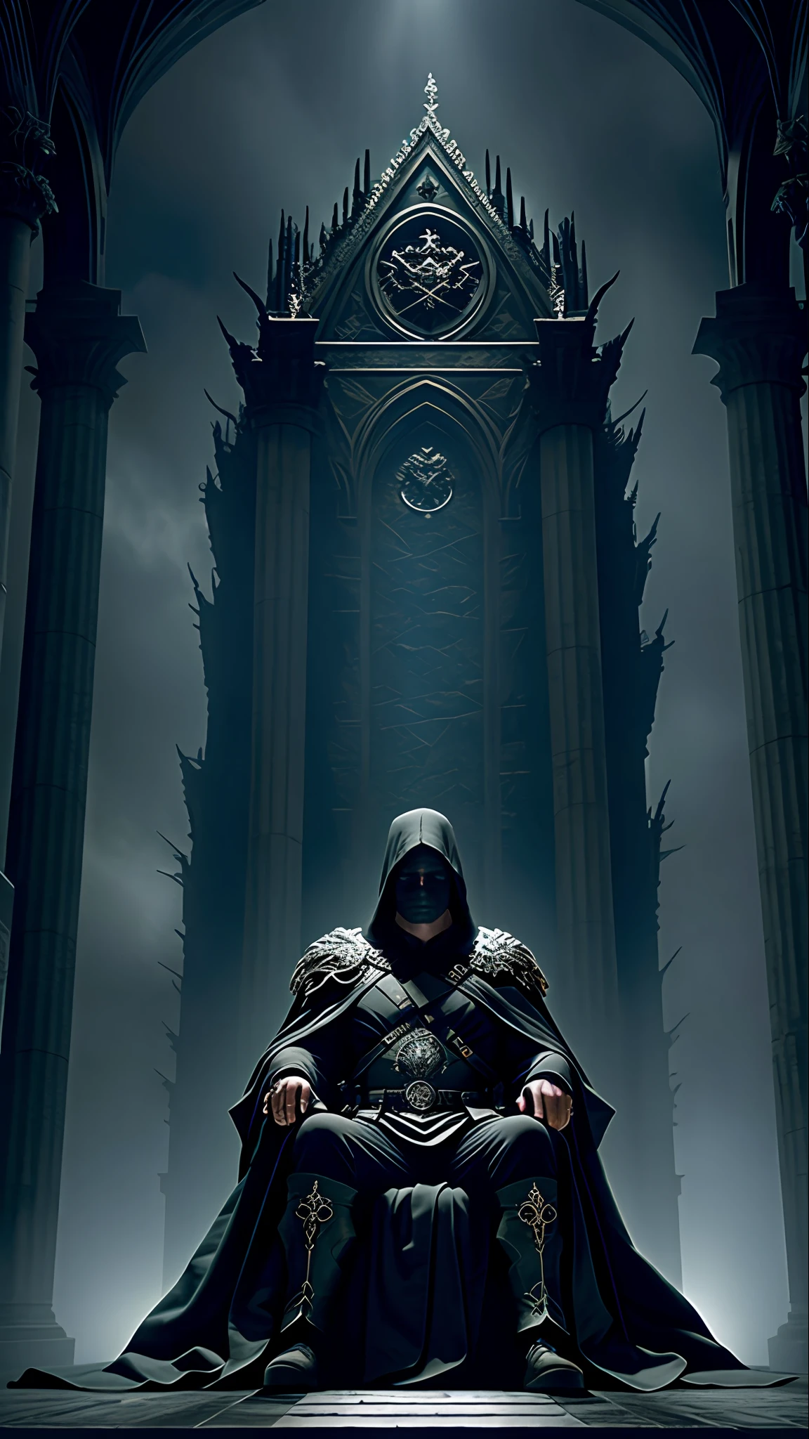 In the twilight of a vast and dark hall, rises a throne of massive stone, adorned with intricate and sinister details. Upon this throne, rests a solitary warrior, wrapped in a dark cloak and hooded, whose face remains concealed in the shadows, realistic, 4k, natural