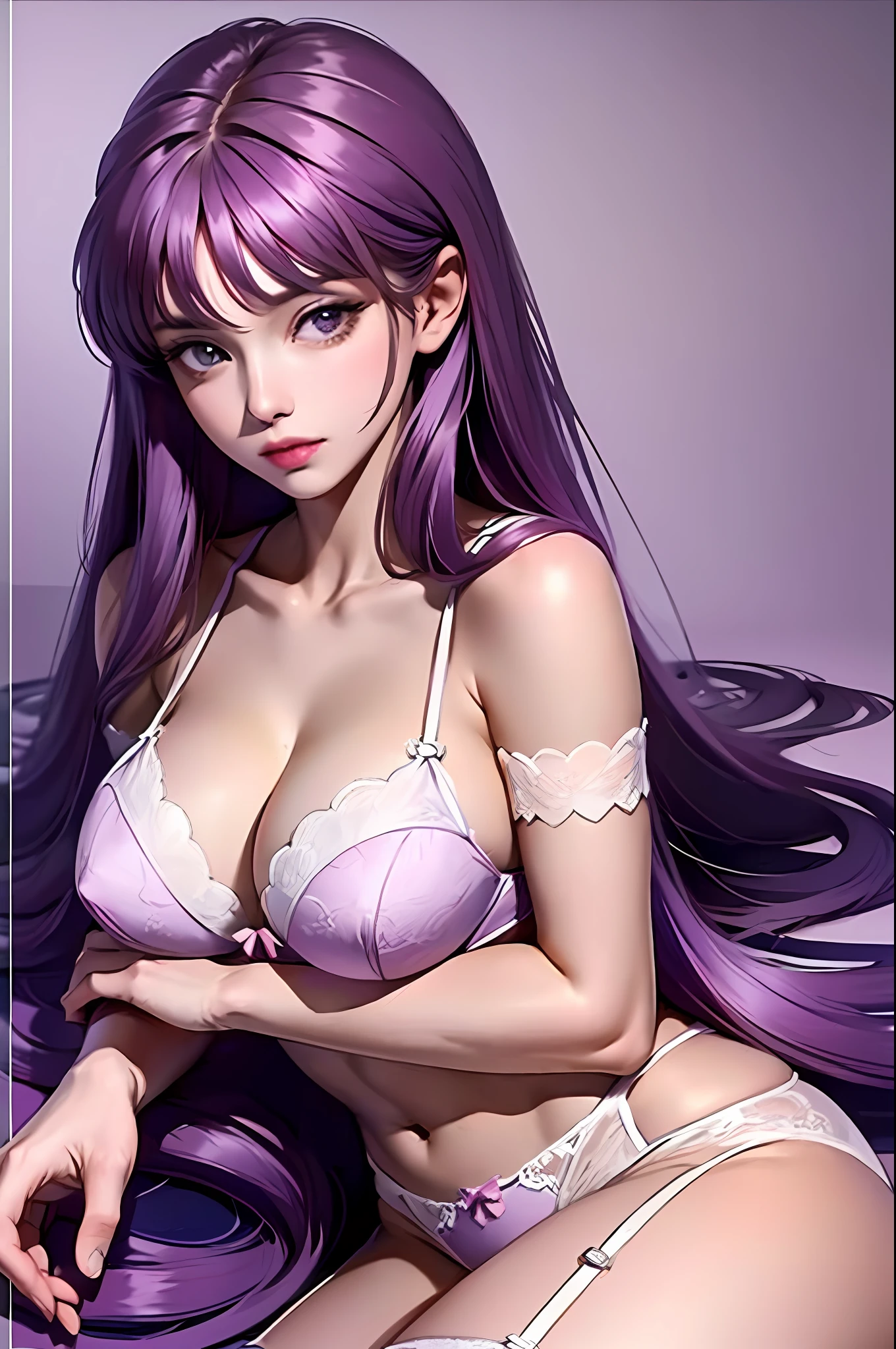 Sorteio Saori Kido (21 anos)  wearing lilac lace bra and panties and garter belt with 7 matching/8 meias, com seus longos cabelos roxos caindo em ondas suaves ao redor de seu rosto delicado. Huge breasts are visible under the fabric, and her skin is smooth and clear, giving you an air of influence and tolerance,