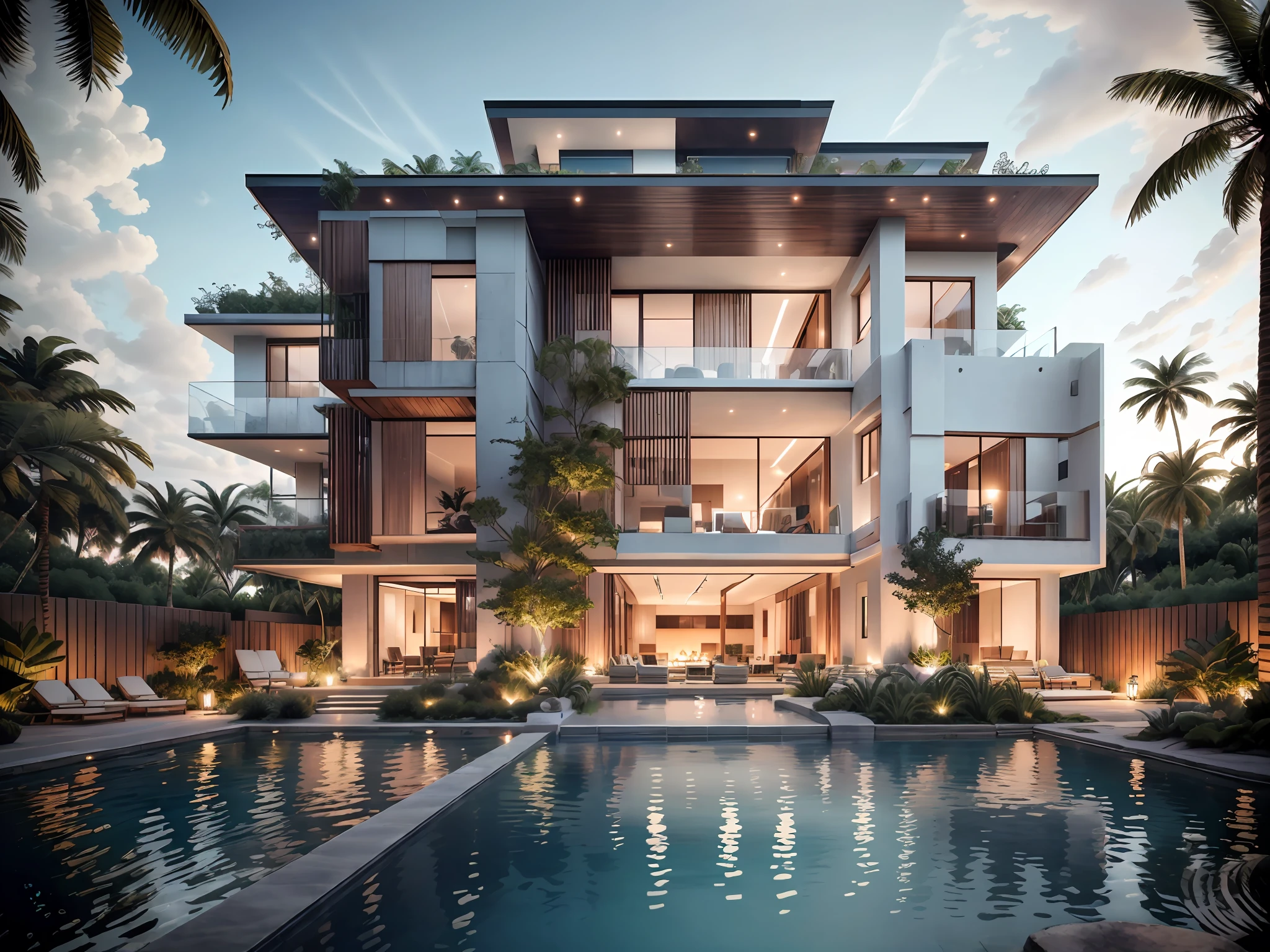 Boho style, Caribbean beach villa with infinity pool and luxury yacht parked in the pear, glass house with a roof garden, modern, dynamic (RAW photo, real, best quality, masterpiece:1.2), (hyper realistic, photo-realistic:1.2), high quality, (dark lighting:1.2), perfect lighting, archdaily, mid day light, architectural digest award wining architecture, cinematic