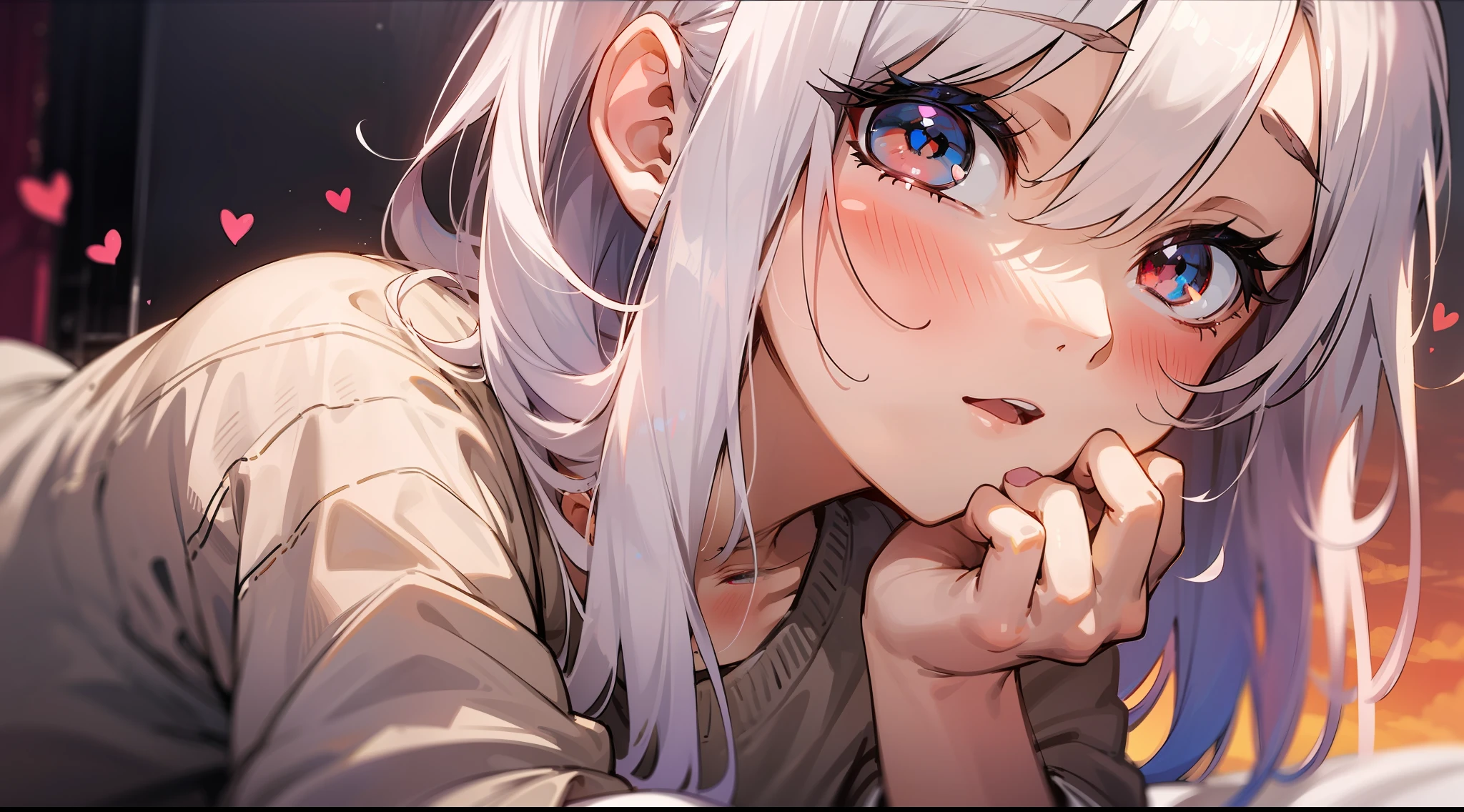 1girl, cute, vampire, embarassed, blushing, pijama, (hearts), cozy, red eyes, white hair, masterpiece,expresive eyes, perfect face,night, BREAK sunset, in love, intimate, loooking down, beautifull eyes,femine,gentle, kawai, high details