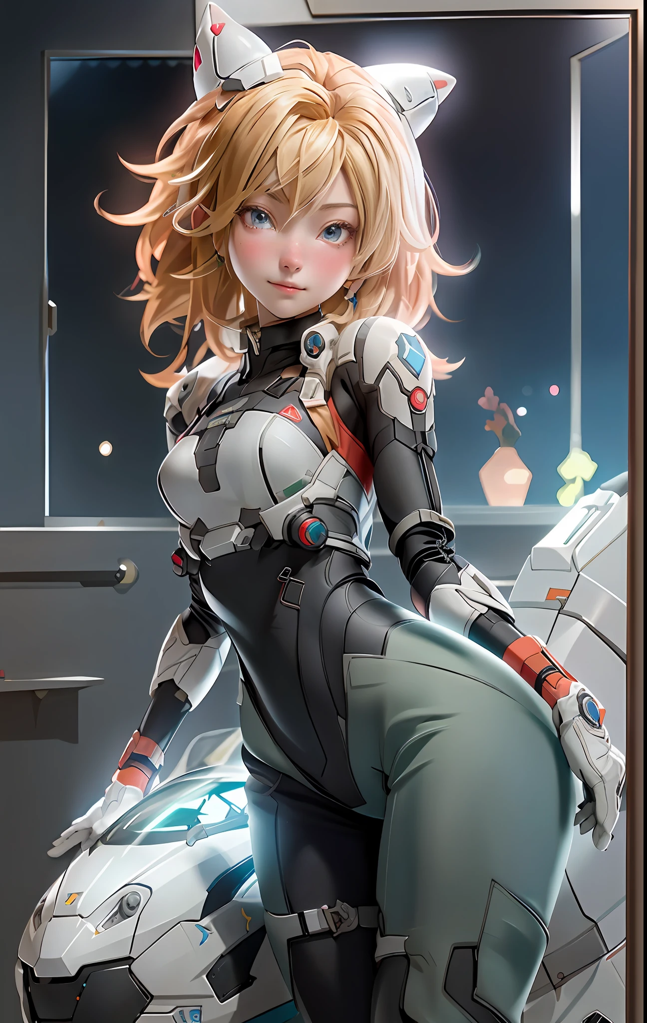 (Overhead view),dynamic angle,ultra-detailed, illustration, close-up, straight on, 1girl, ((souryuu asuka langley, interface headset, red bodysuit:1.4, blonde)),Her eyes shone like dreamy stars,(glowing eyes:1.233),(beautiful and detailed eyes:1.1),(expressionless,closed mouth),(standing), (mechanic room with toolsand spaceship windowin a white SPACESHIP), (night:1.2),dreamy, [[delicate fingers and hands:0.55]::0.85],(detail fingers),