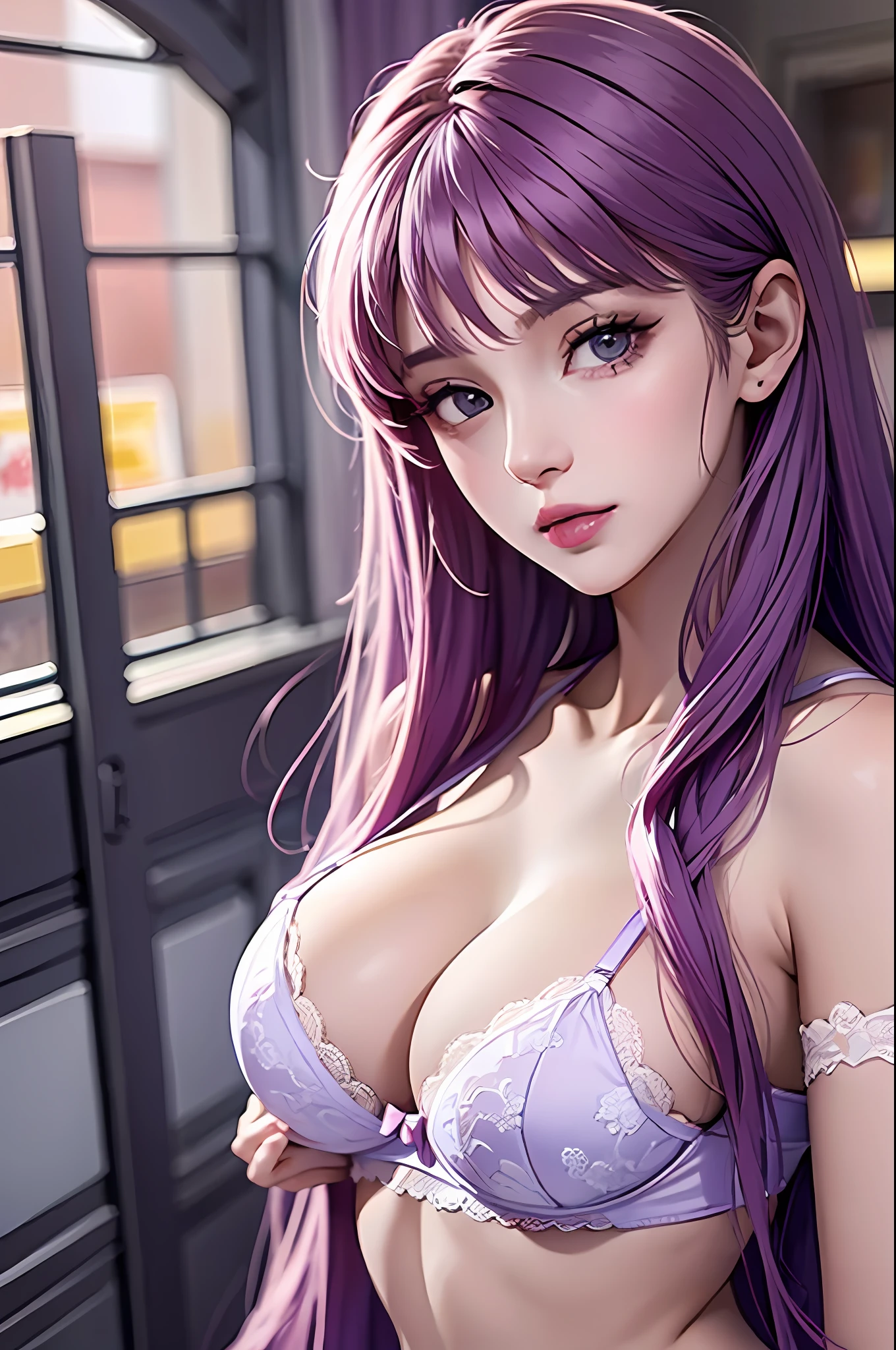 Sorteio Saori Kido (21 anos)  wearing lilac lace bra and panties and garter belt with 7 matching/8 meias, com seus longos cabelos roxos caindo em ondas suaves ao redor de seu rosto delicado. Huge breasts are visible under the fabric, and her skin is smooth and clear, giving you an air of influence and tolerance,