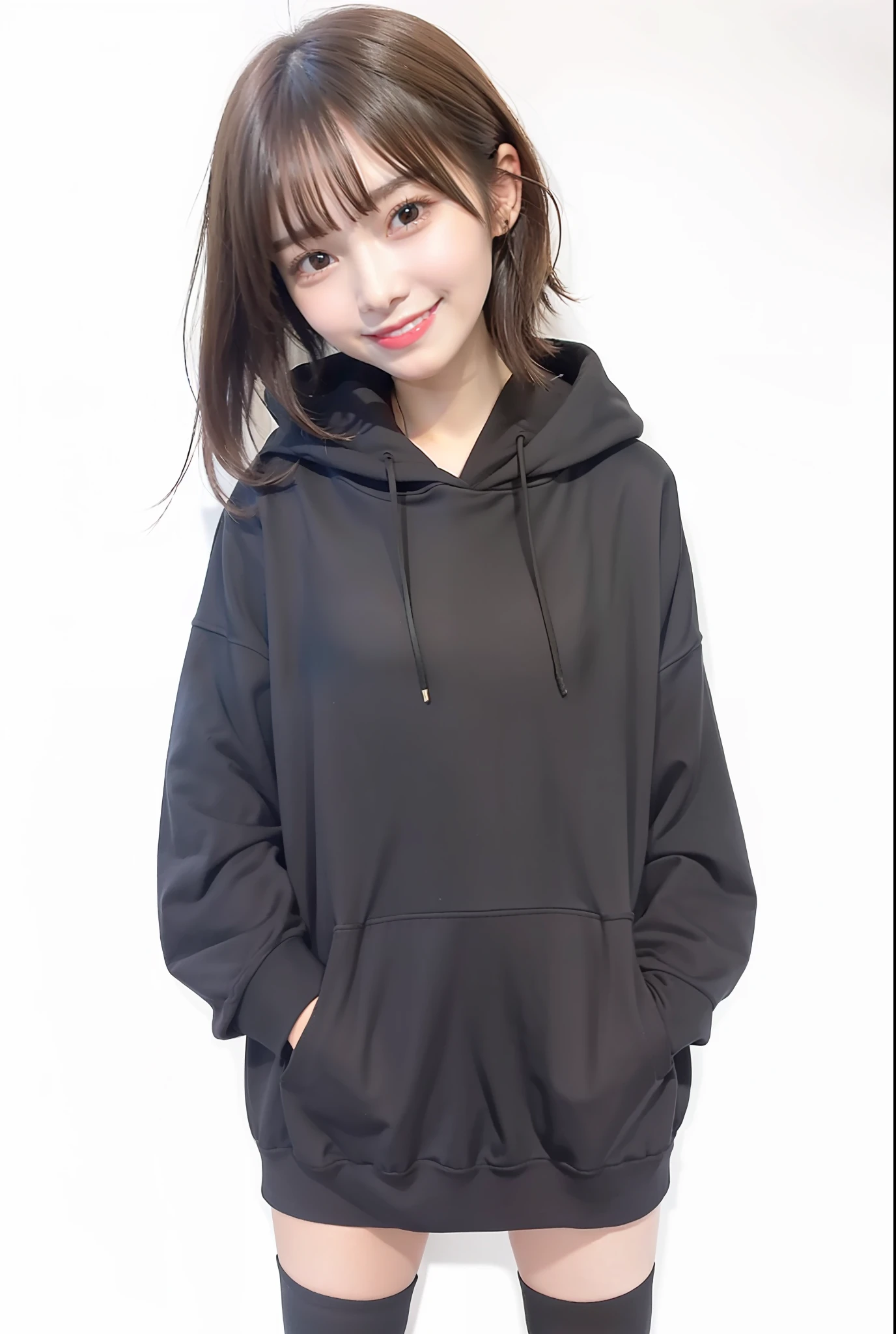 1 girl, brown hair, short hair, black hoodie, black stocking,smile