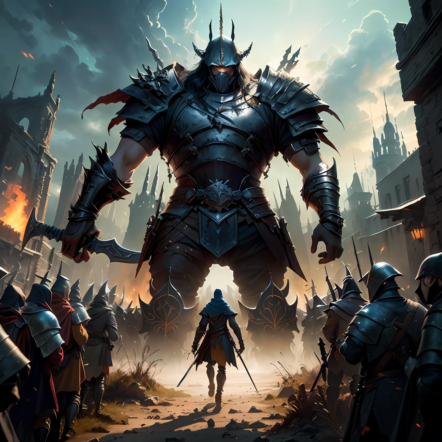 《Witch's Blade》is a new game that is about to land on Ninjado Switch, guildwar artwork, A scene from the《Plague 2》videogame, medieval fantasy game art, author:Arthur Penn, ares with heavy armor and sword, D&d trending on artstation, epic fantasy game art, guillem h. pongiluppi, fantastic screenshot art, Mordor as a bustling city,Remove the background