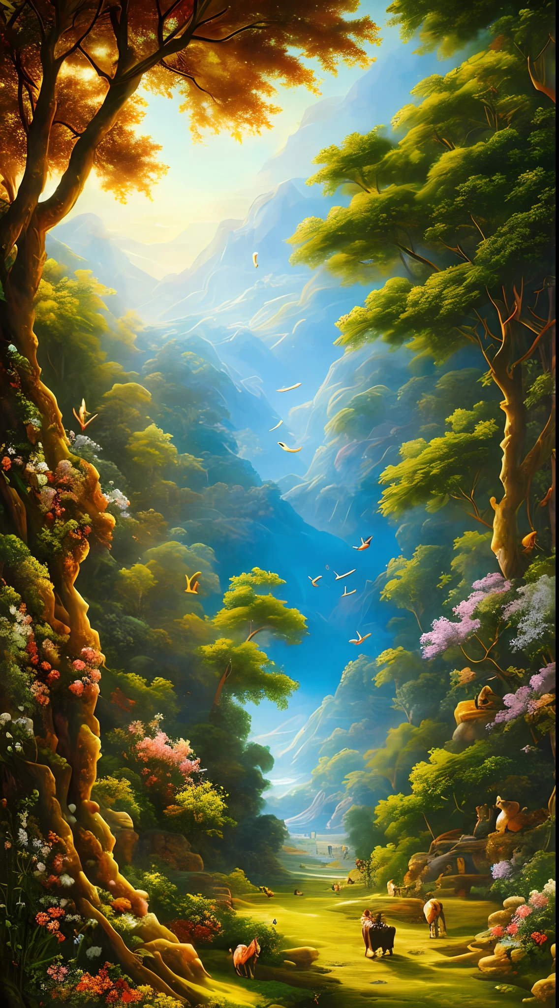 imagem masterpiece, best quality | a lovely garden of Eden filled with trees, colorful flowers and animals surrounding Adam and Eve | soft-lighting, natural imagination, High Definition Painting, cores suaves e textura rica, detalhes intrincados