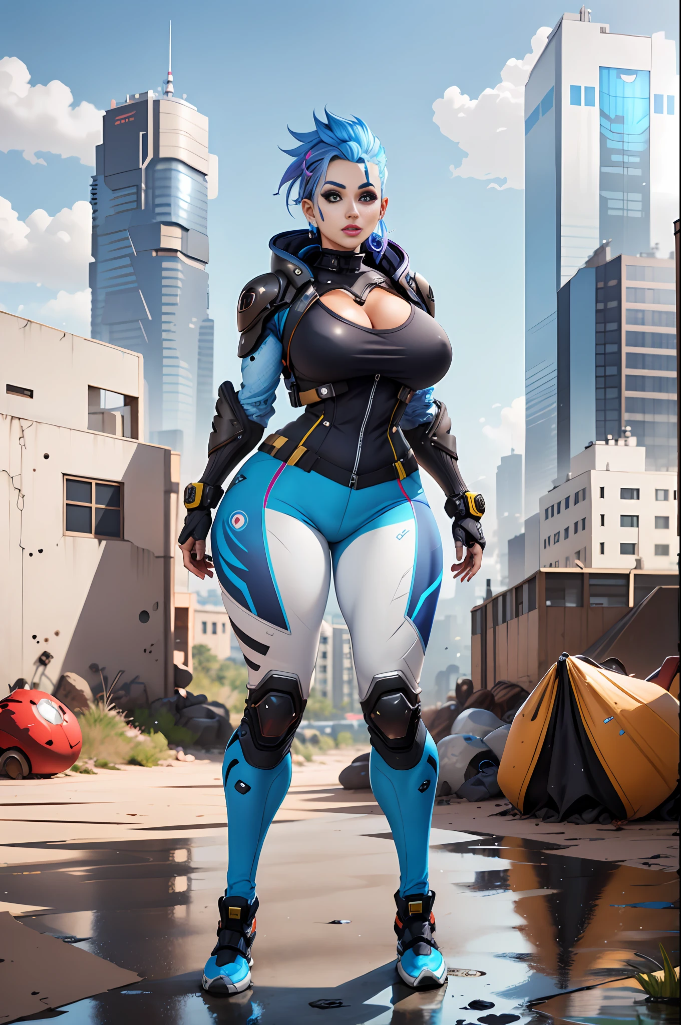 arafed female in a blue and white outfit standing in front of a building, sexy body, big boobs, pretty face, long hair, tall, in style of apex legends, apex legends armor, wraith from apex legends, chrome outfit, loba andrade from apex legends, apex legends character, echo from overwatch, freezing blue skin, as overwatch character, platinum skin, sigma female, zarya, overwatch skin