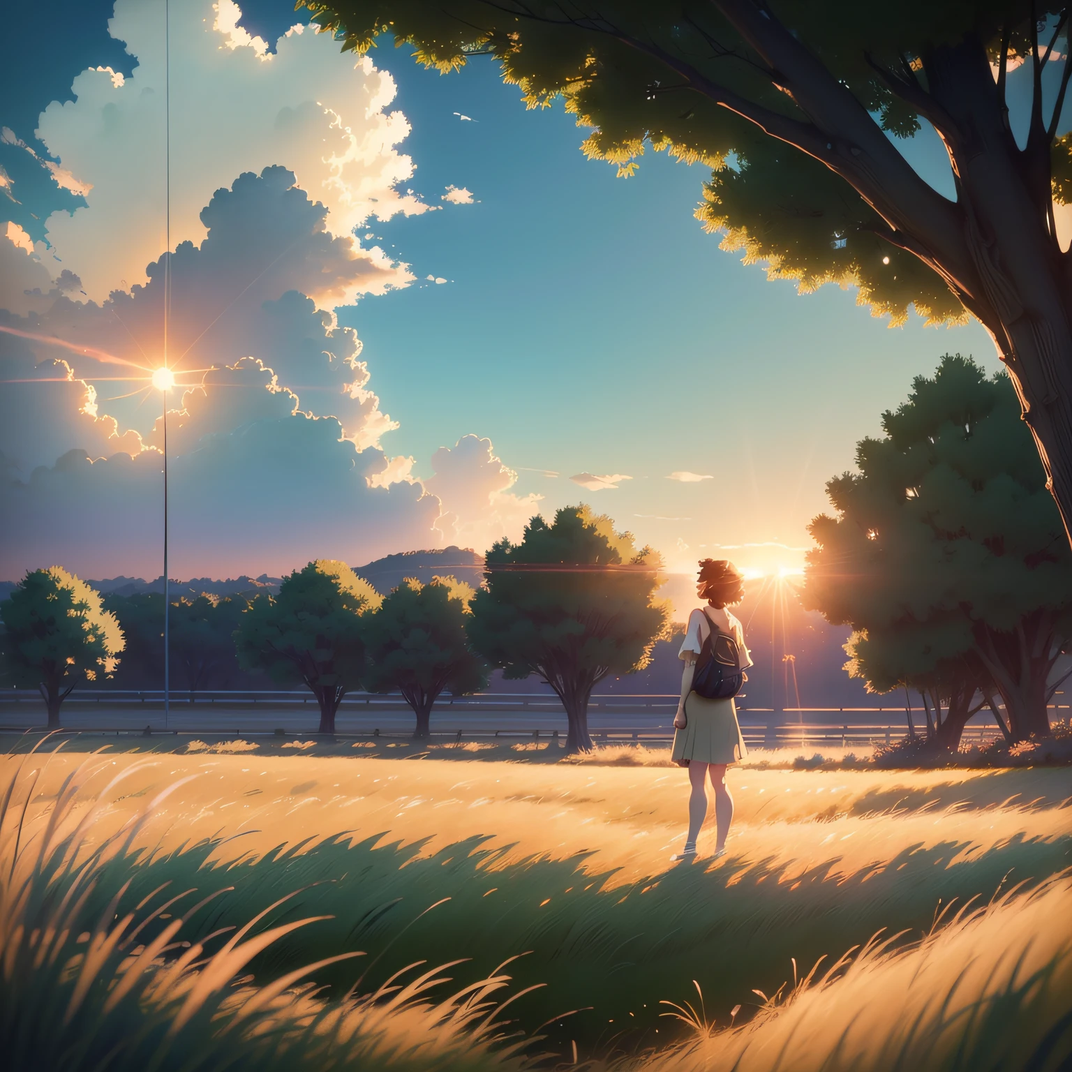 Shake the sky，Brilliant colors，A person sits on the lawn and admires the sky --auto