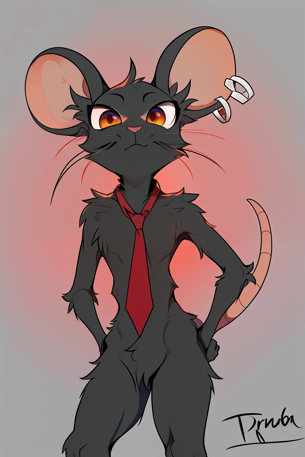 Hay un dibujo de una rata con corbata, Una rata anthro, Rata Antro, Orejas de rata grandes, Pendientes, Corbata Roja, ojos grandes, ojos rojos, pelaje negro, anthropomorphic female rat, La mejor calidad, Cara altamente detallada, Antecedentes altamente detallados, Perfect lighting, Dibujo furry profesional, generic furry style, Personaje peludo, an anthropomorphic rat, anthropomorphic rat, naked, ArtStation trend