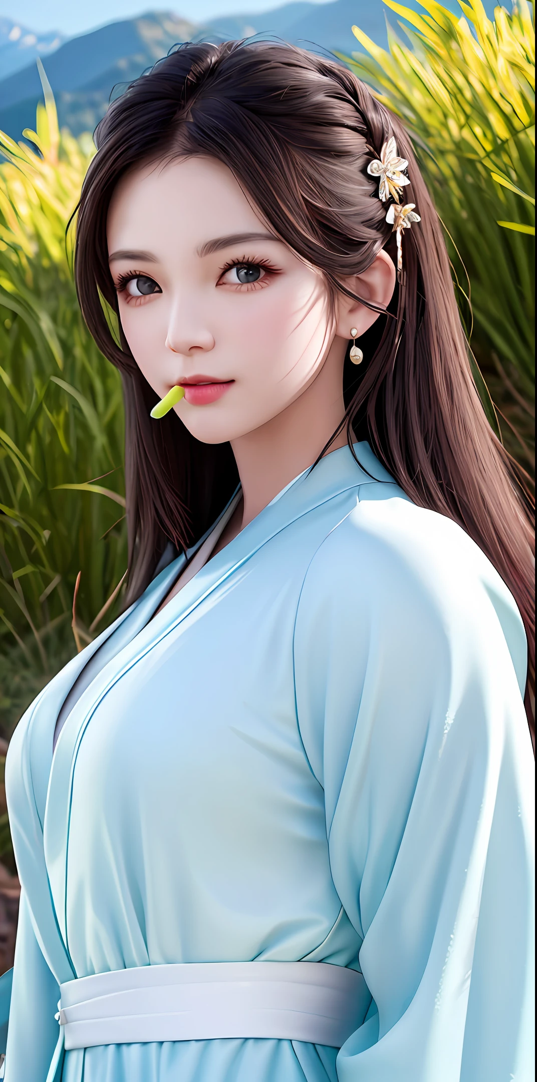 8k 壁纸, ultra - detailed, Clean and handsome, Best quality at best, RAW，tmasterpiece，ultra fine photos，，best qualtiy，超高分辨率，Photoreality，rays of sunshine，full-body portraits，Wooden hairpins，Bunched hair，dynamicposes，delicated face，Grass in your mouth，vibrant eyes，（seen from the side），He wears a retro robe，Very detailed mountain background，detailed face with，opulent，milkyW，Highly detailed skin，Realistic details of skin，Visible Pore，tack sharp focus，volume fog，8k uhd，digital SLR camera，high qulity，filmgrain，White skin of the，photo-realism，In the mountains