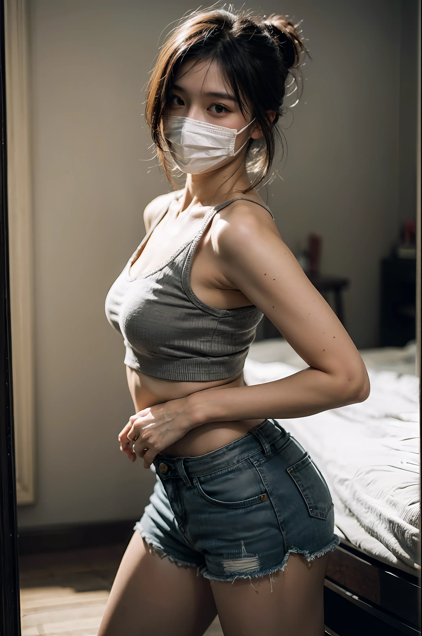 best qualtiy, tmasterpiece, A high resolution,8K,(realisticlying:1.4),超A high resolution,1girll, ultra - detailed, hyper realisitc, highly detailed CGillustration, offcial art, cinematric light, Realistis, young and beautiful girl, perfect body figure, perfect body figure, full pov, Perfect body, (Look up at the camera:1.2), Wear a mask, lewd poses, long sexy legs, self-assured, Beautiful Sexy, Gray short sleeves, Open Abdomen, Black Super Shorts, S-shaped body, upturned buttocks,posing on a,Pose,Different Perspectives,atmospheric distance sense,dance,Raised sexy