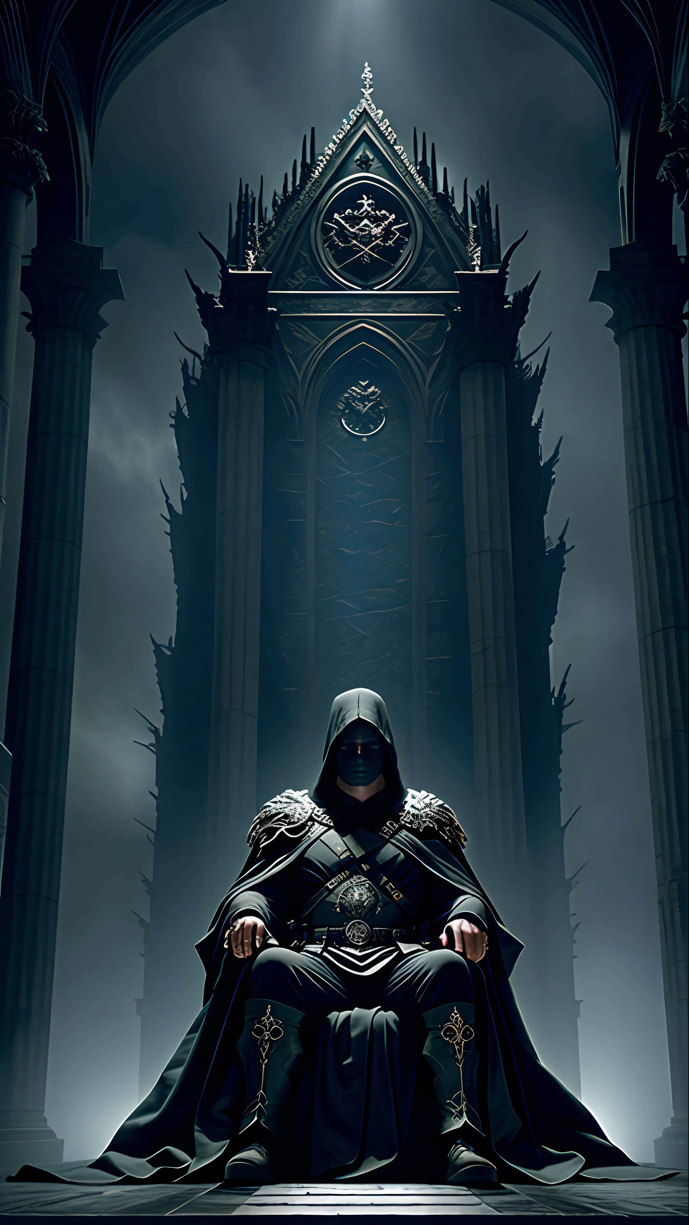 In the twilight of a vast and dark hall, rises a throne of massive stone, adorned with intricate and sinister details. Upon this throne, rests a solitary warrior, wrapped in a dark cloak and hooded, whose face remains concealed in the shadows, realistic, 4k, natural