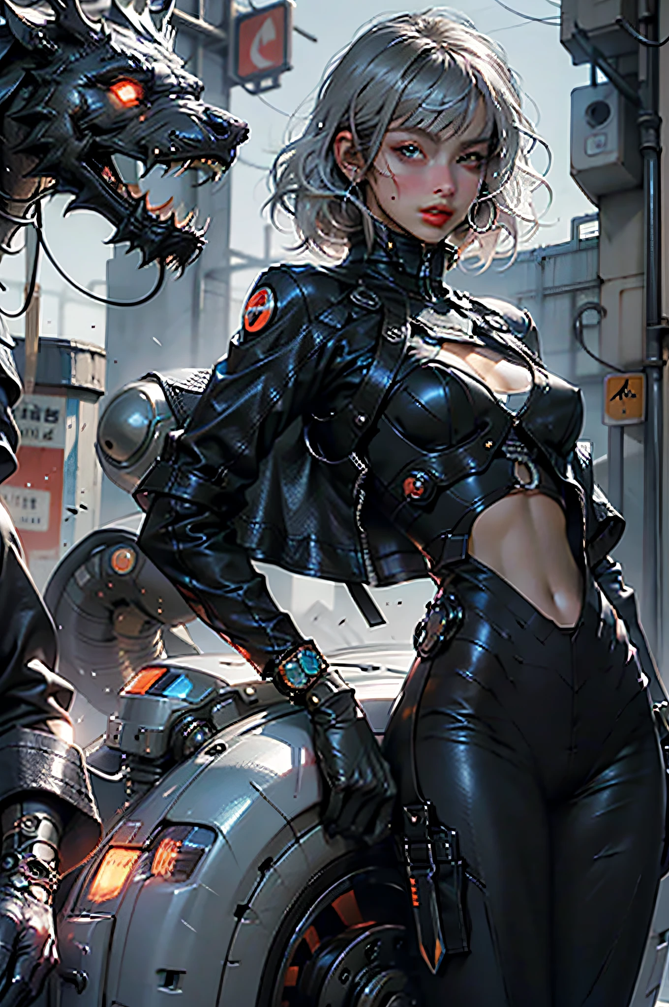 (Raw photo, Highest Quality, masutepiece), (Realistic, Photorealsitic), (ultra-detailliert), ((High contrast)), (High color saturation), (Beautiful detail eyes), ((Very delicate and beautiful)), (nice hand, Perfect hands), ((5 precise fingers)), (The background is Scrap Cyber City), plein air,Watch Viewer, 1人の女性, 独奏、red blush、 verd s eyes, white  hair, length hair, Blue mesh, side locks, asymmetrical bangs, beautiful detailed Glass hair, Fluttering hair, Colossal tits、Short Black Leather Jacket、body suit, Black Gloves,impossible bodysuit, Impossible clothes, Long sleeves, Thick black leather bikini, Black leather with a rough surface, cybersuit, Complex patterns on the surface of the suit, Fine parts, ( Very shiny clothes), (((Very shiny skin))),((juicy skin)), Big cleavage, Toned belly, Split abs,mechs,Roboart, body suit, mechanical arms, cyberpunked、steampunc
