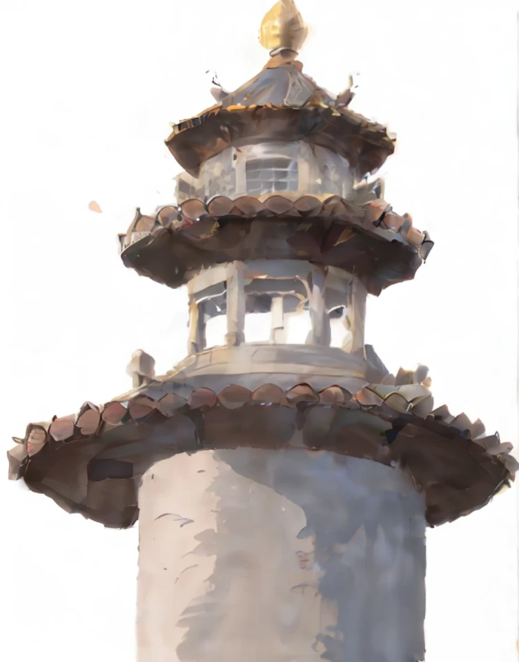 Close-up of the tower，digital painting of a pagoda, pagoda, Tower, painted tower of the moon, ancien chinese tower, high detal, random detail, lighthouse, inspired by Tōshi Yoshida, Chinese style buildings, lookout tower, digital painted, inspired by Shūbun Tenshō, concept-art