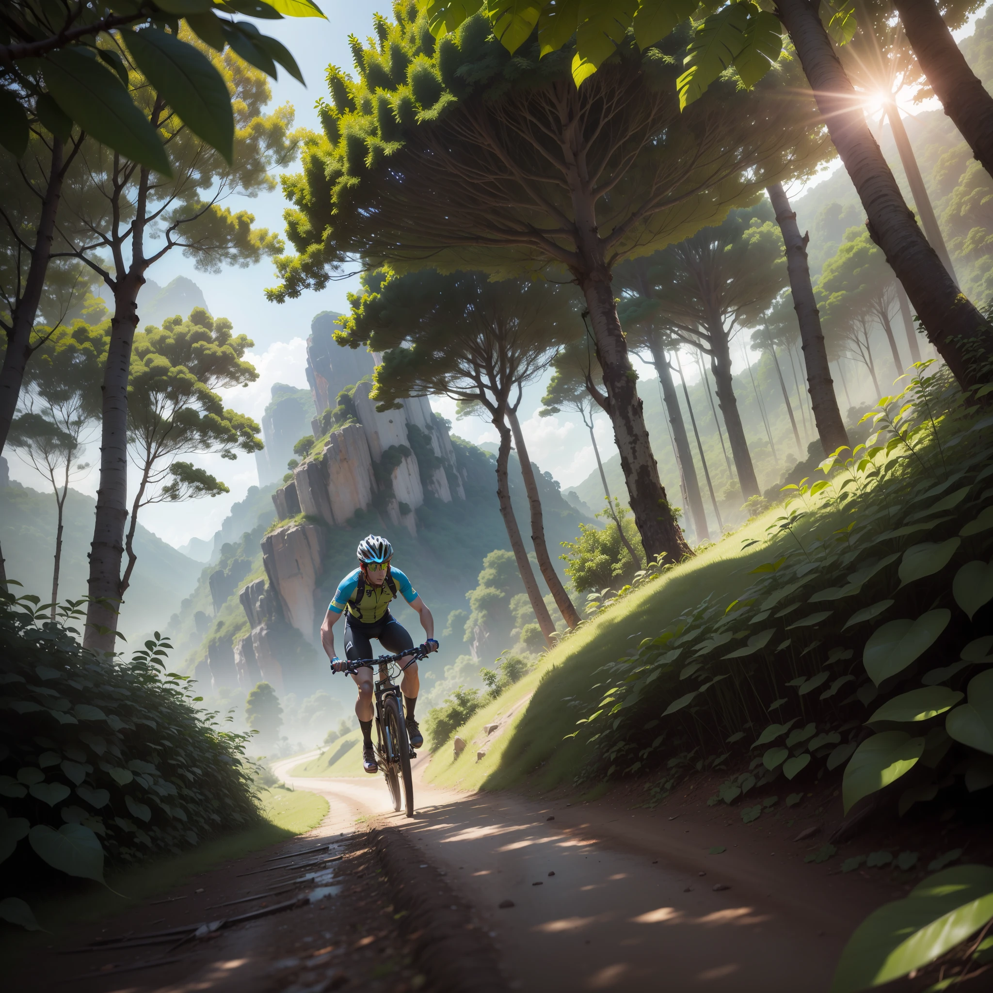 First perspective,Mountain bike ride in the jungle