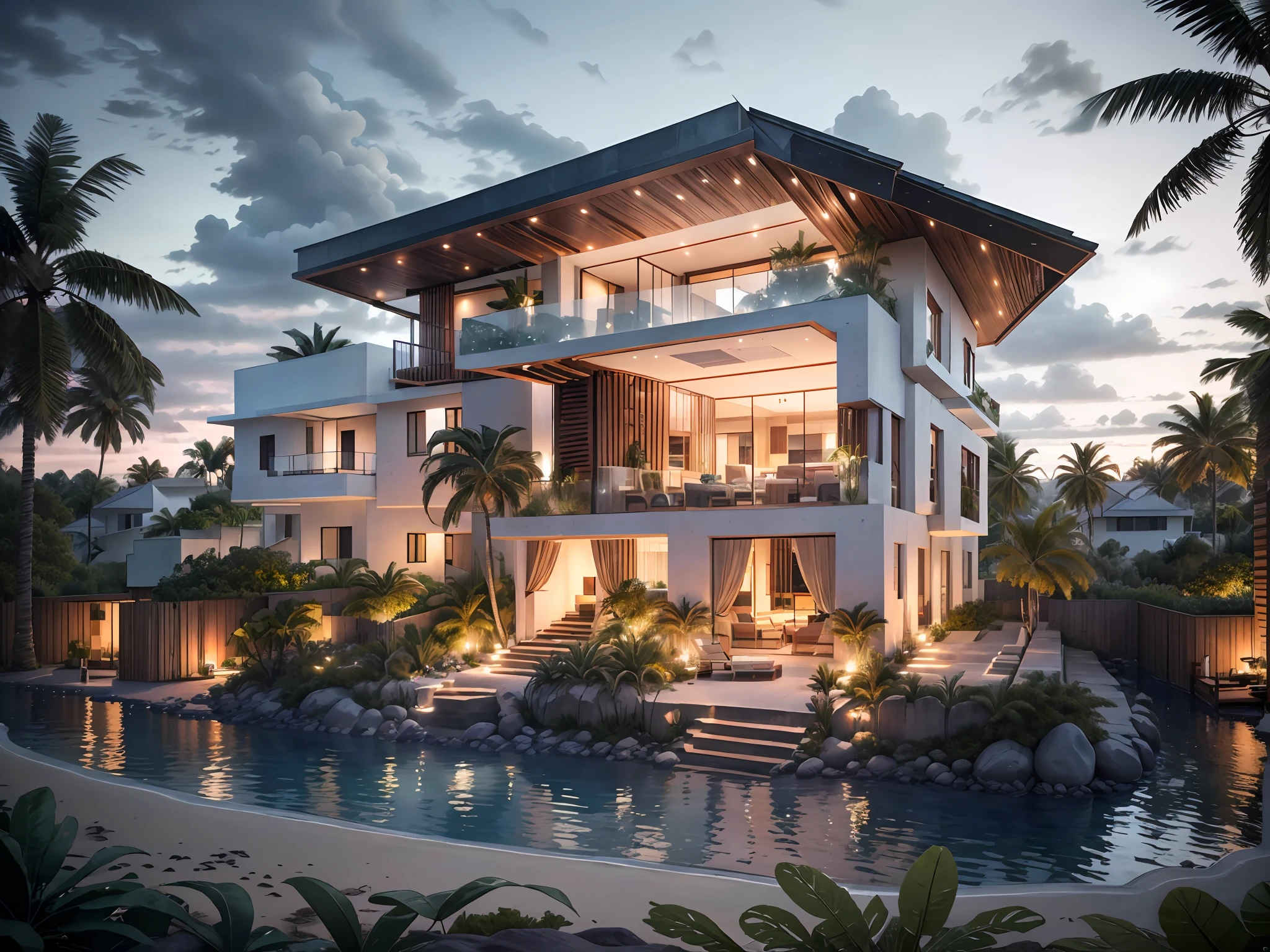 Boho house, luxury beach front Caribbean villa, glass house with a sloping roof, modern, dynamic (RAW photo, real, best quality, masterpiece:1.2), (hyper realistic, photo-realistic:1.2), high quality, (dark lighting:1.2), perfect lighting, archdaily